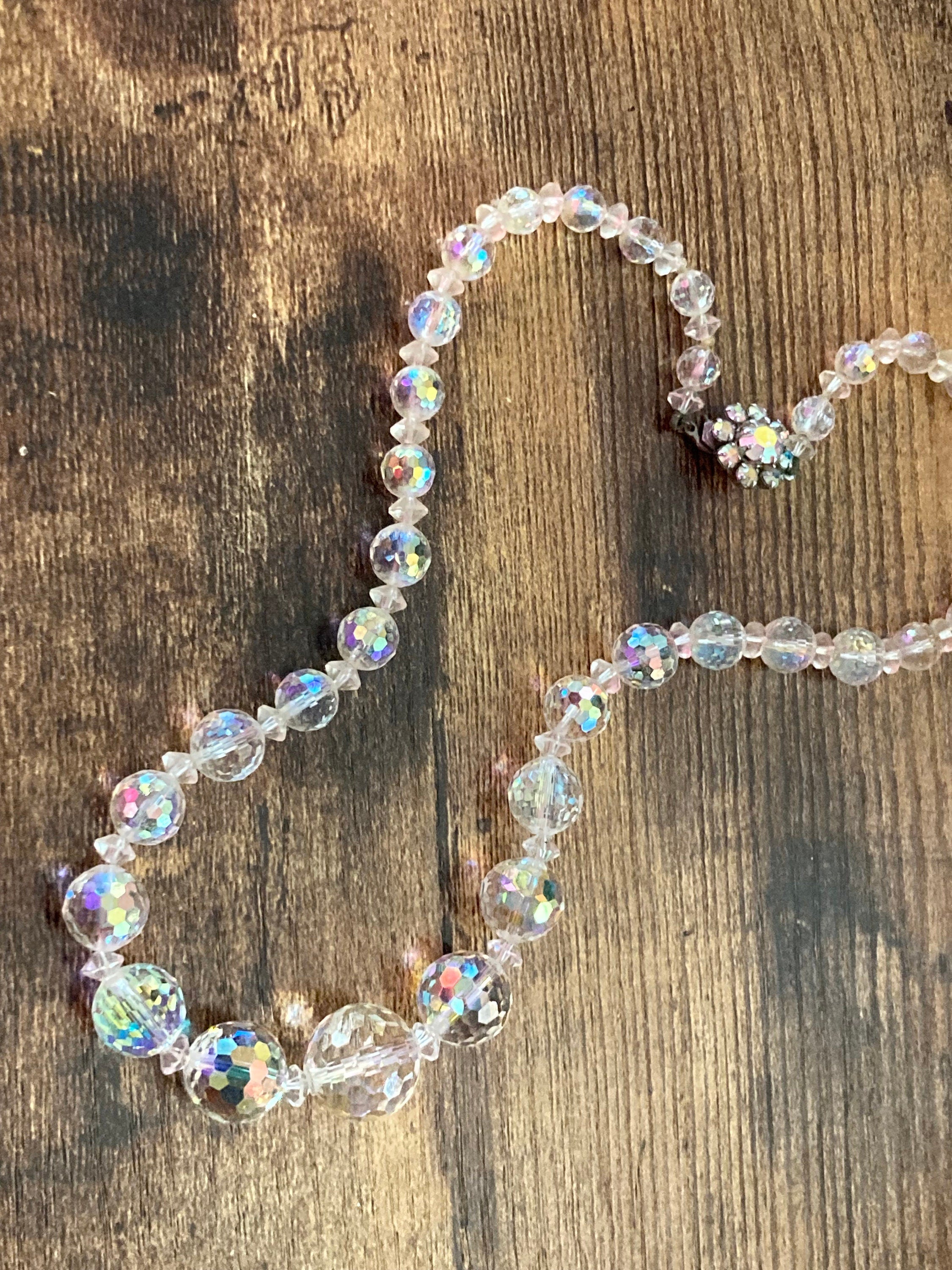 Art Deco clear aB Aurora borealis glass Crystal beaded necklace Collar mid century