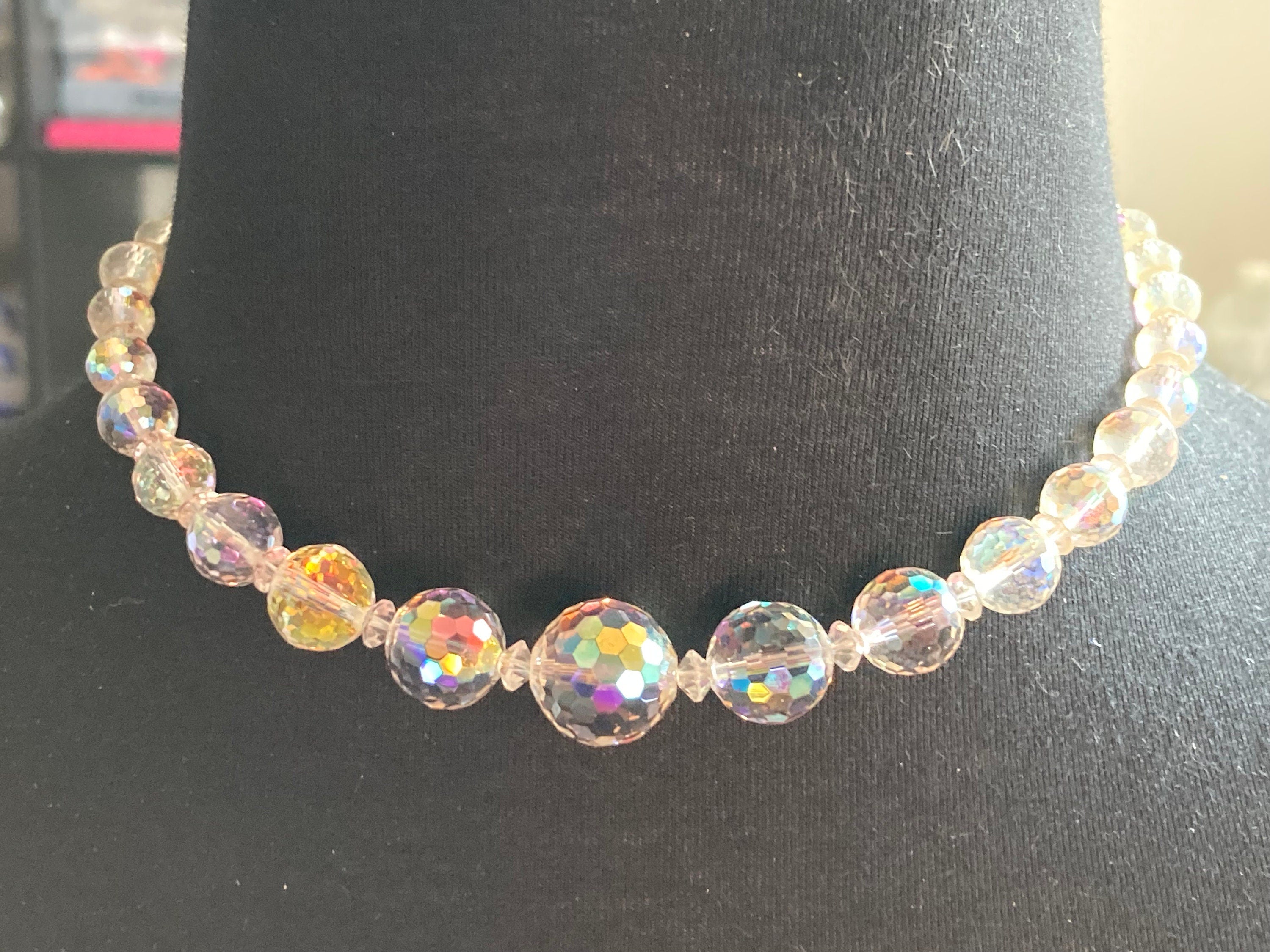 Art Deco clear aB Aurora borealis glass Crystal beaded necklace Collar mid century