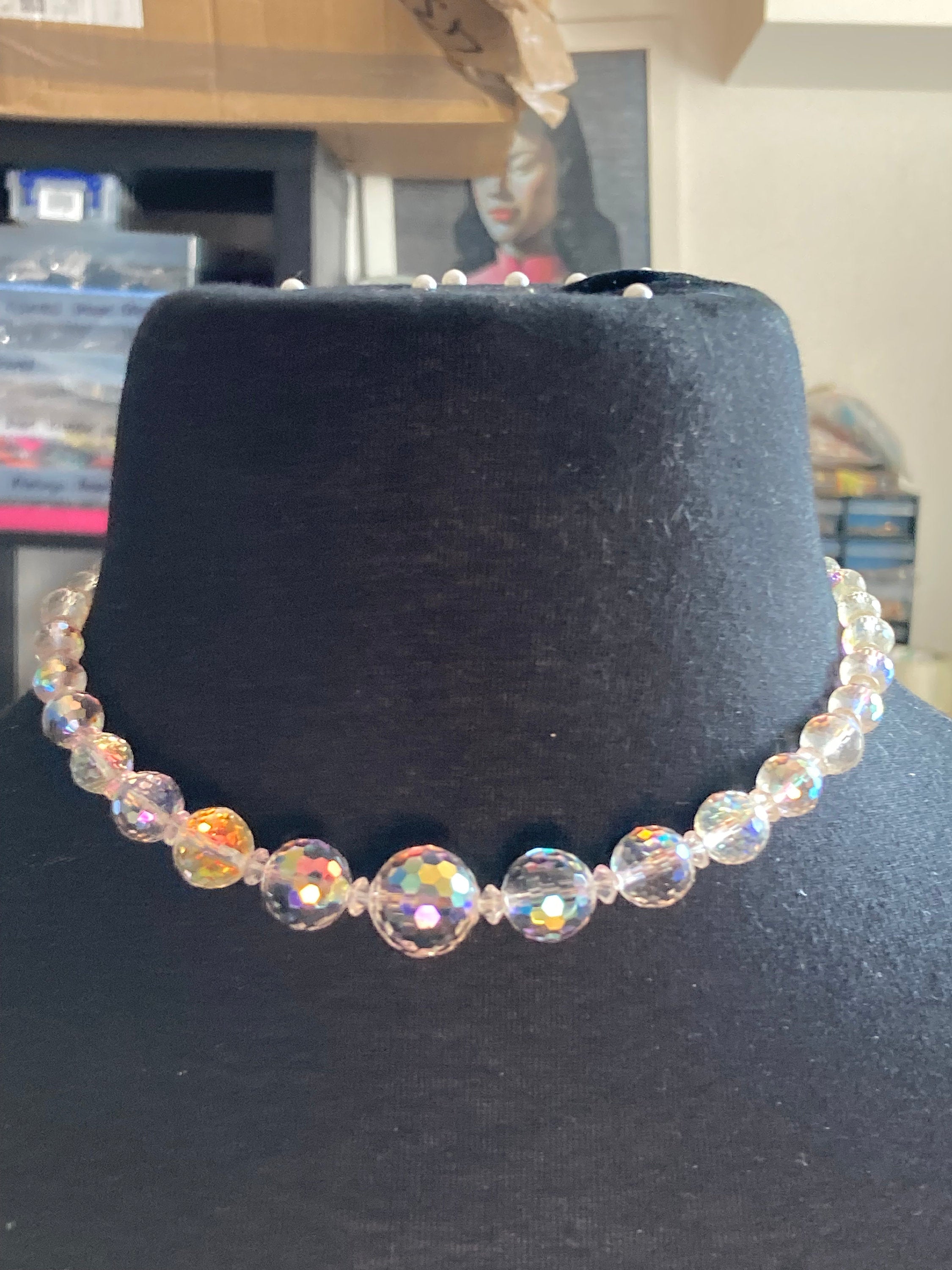 Art Deco clear aB Aurora borealis glass Crystal beaded necklace Collar mid century