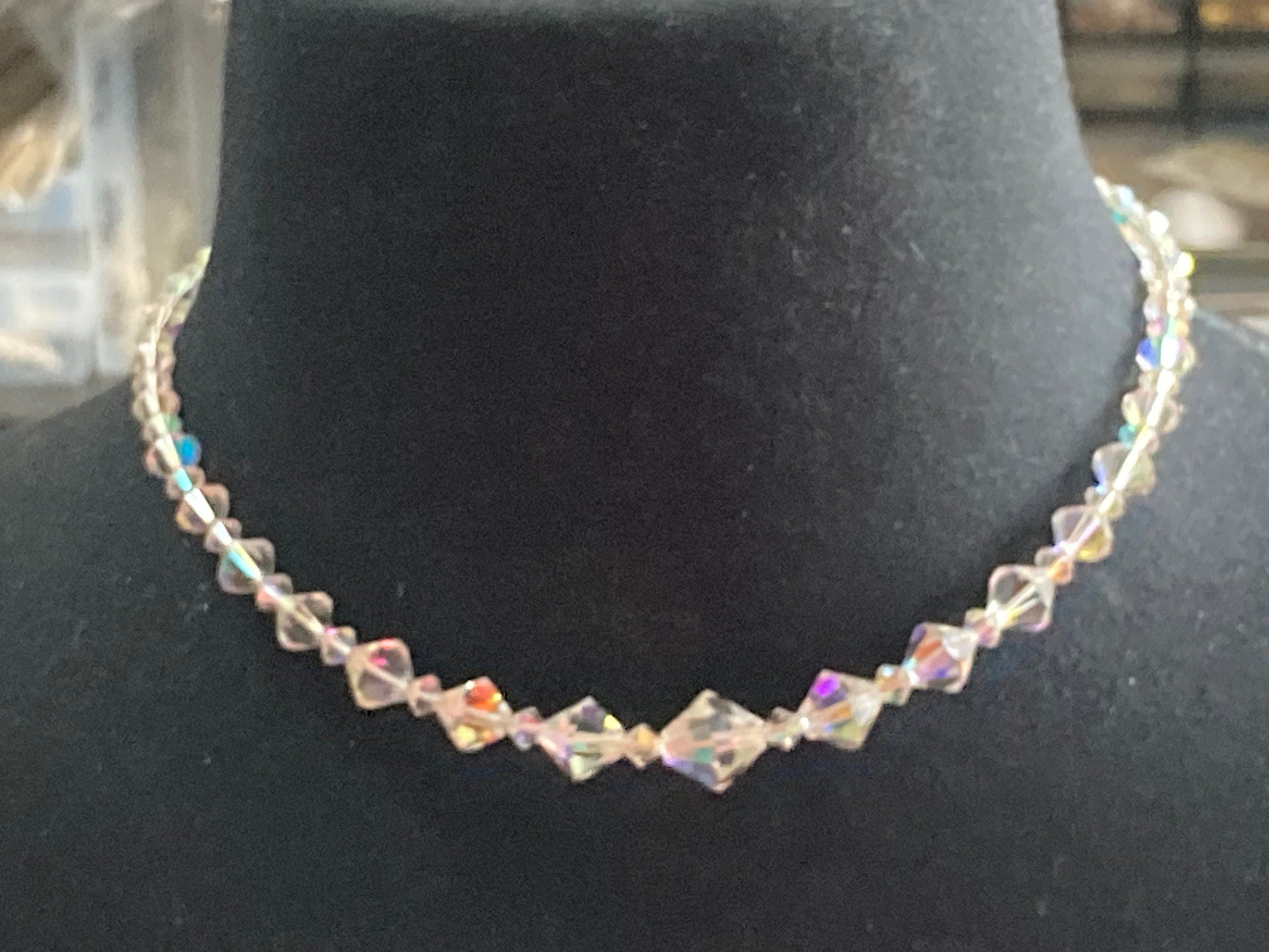 AF Deco clear aB Aurora borealis glass Crystal beaded necklace Collar mid century