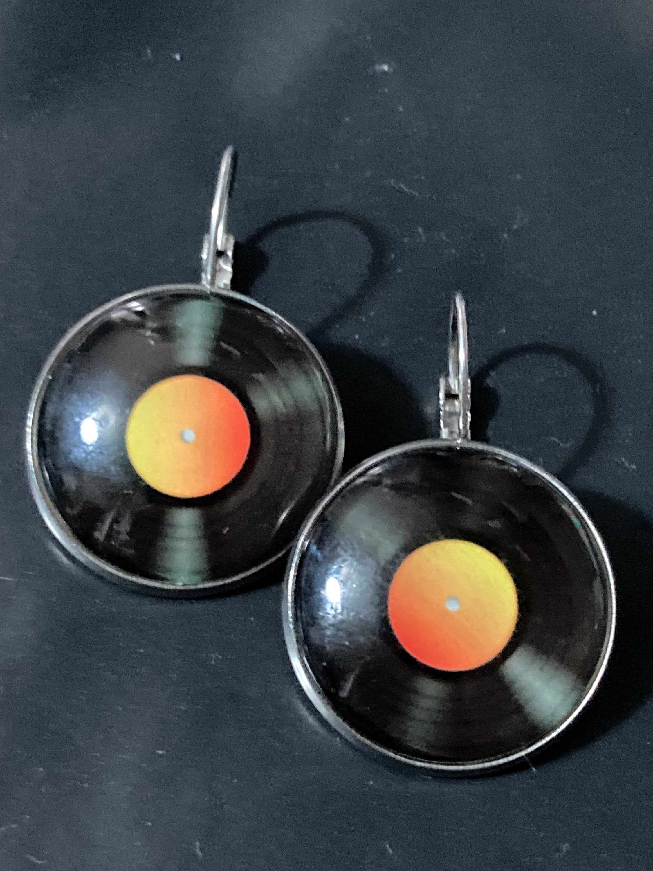 Oversized 25mm novelty Vinyl record drop earrings retro Black orange gold tone