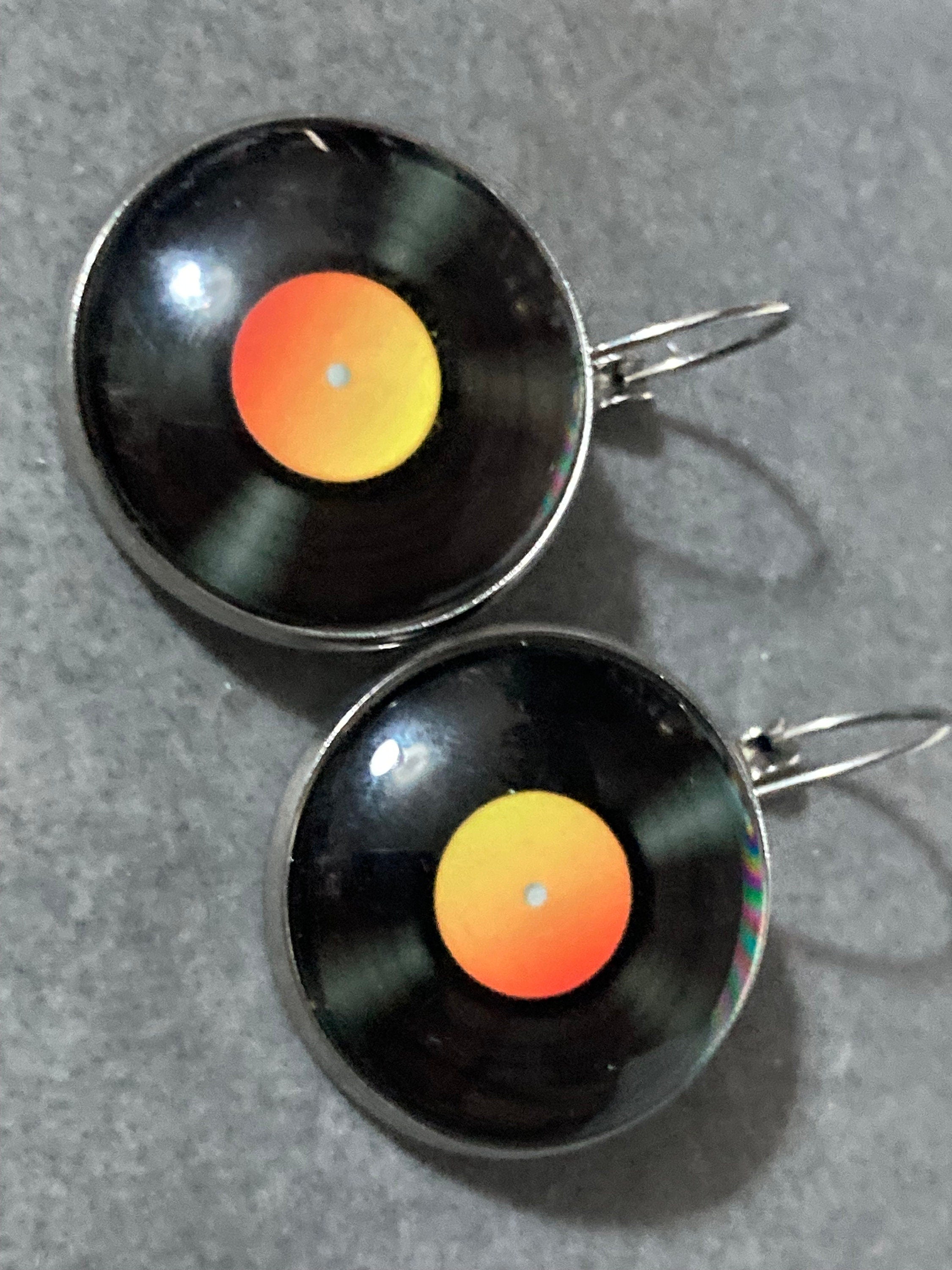 Oversized 25mm novelty Vinyl record drop earrings retro Black orange gold tone