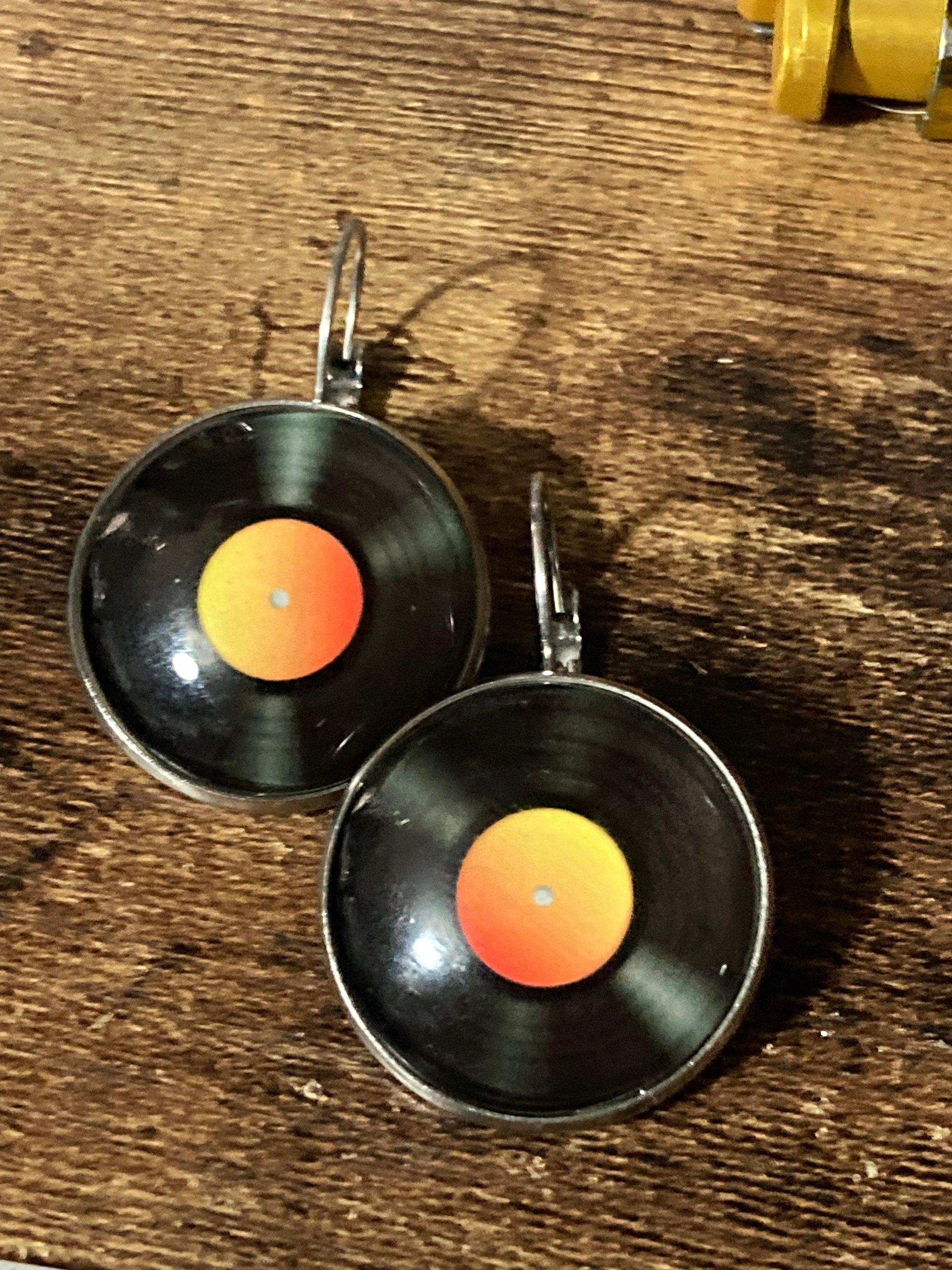 Oversized 25mm novelty Vinyl record drop earrings retro Black orange gold tone