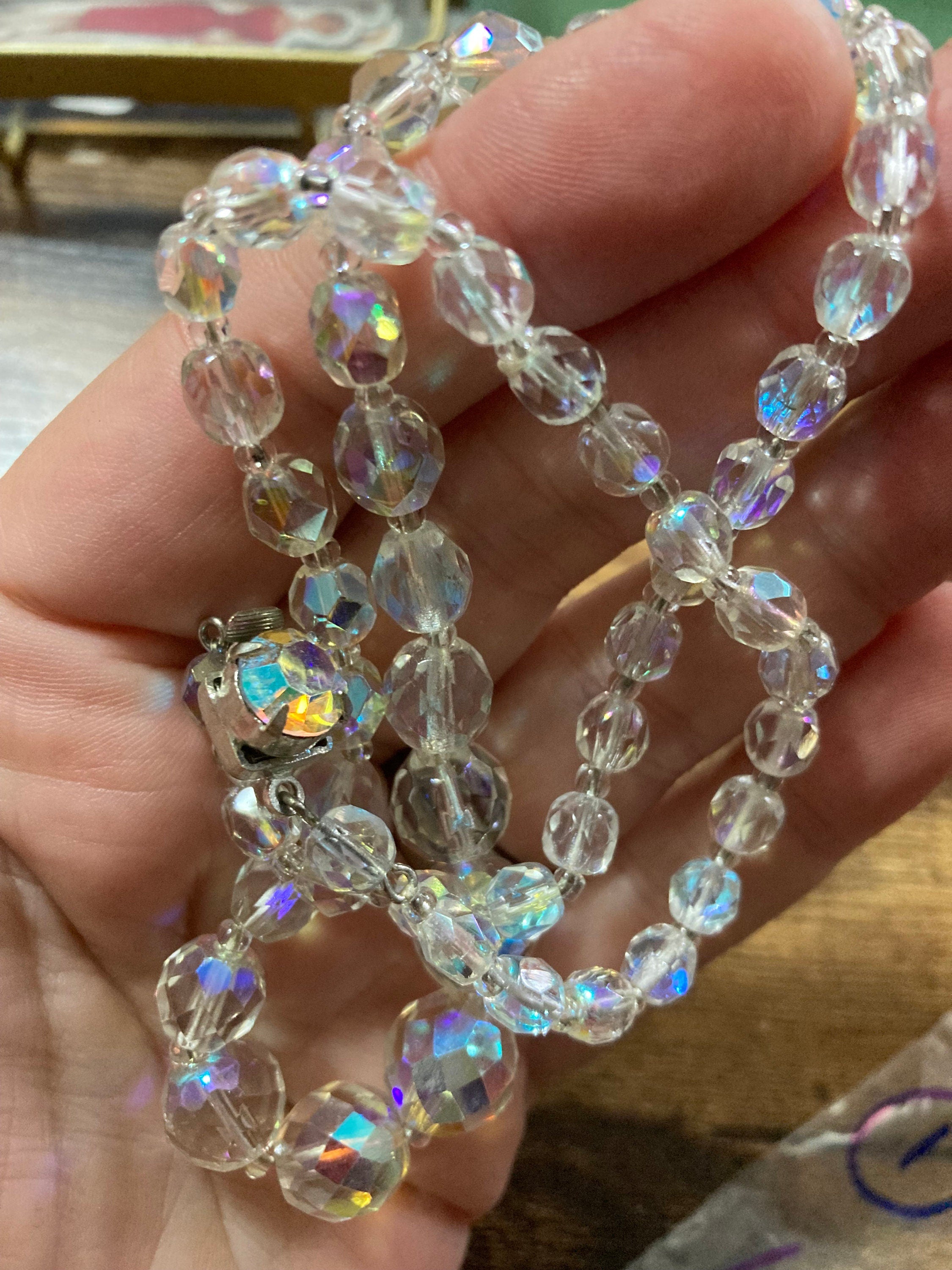 Art Deco clear aB Aurora borealis glass Crystal beaded necklace Collar mid century