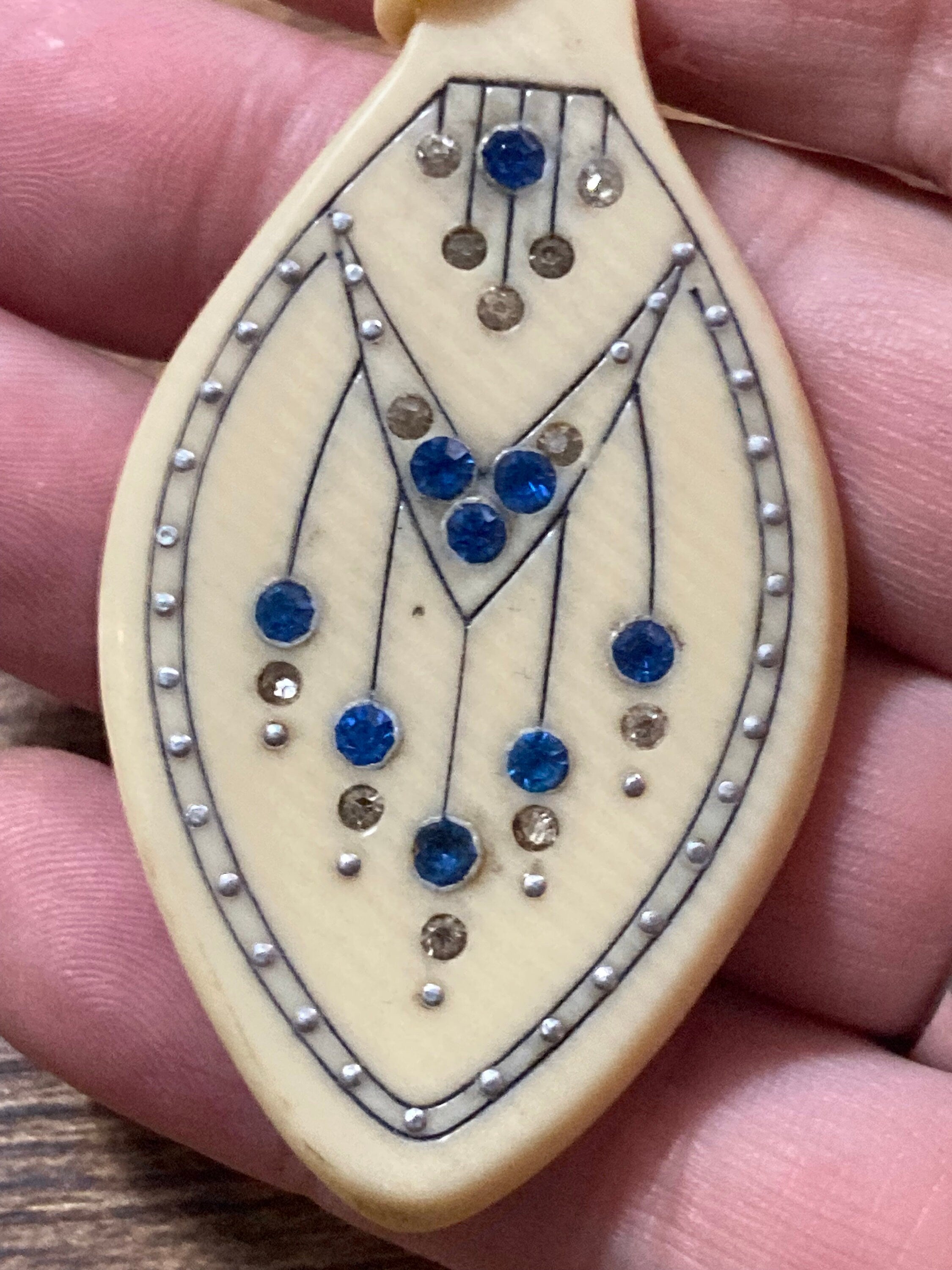 Art Deco Celluloid Pendant: Cream Pique Work with Sapphire Blue Paste