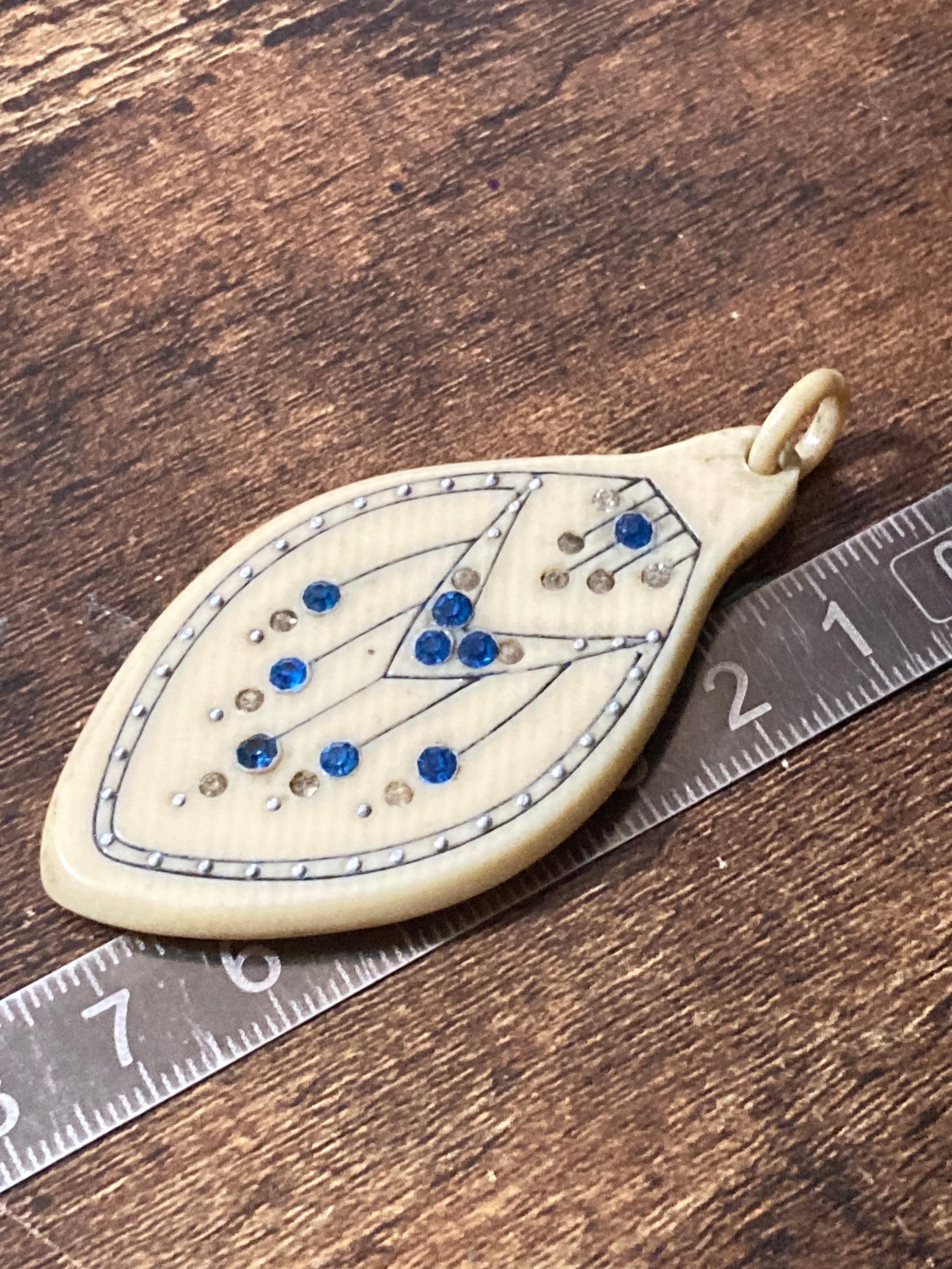 Art Deco Celluloid Pendant: Cream Pique Work with Sapphire Blue Paste