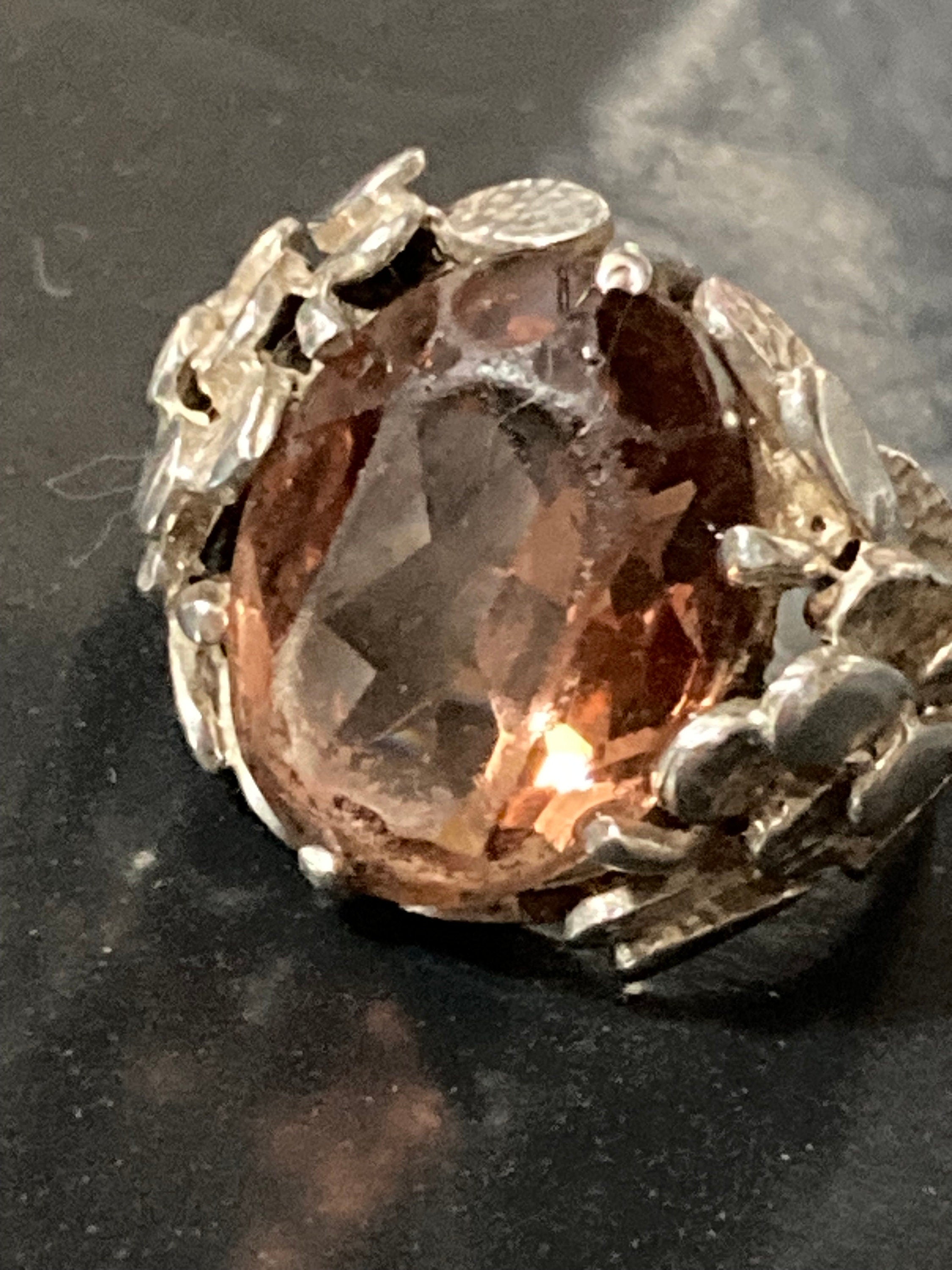 Modernist Brown Topaz Quartz Ring: Chunky Sterling Silver Brutalist Jewelry