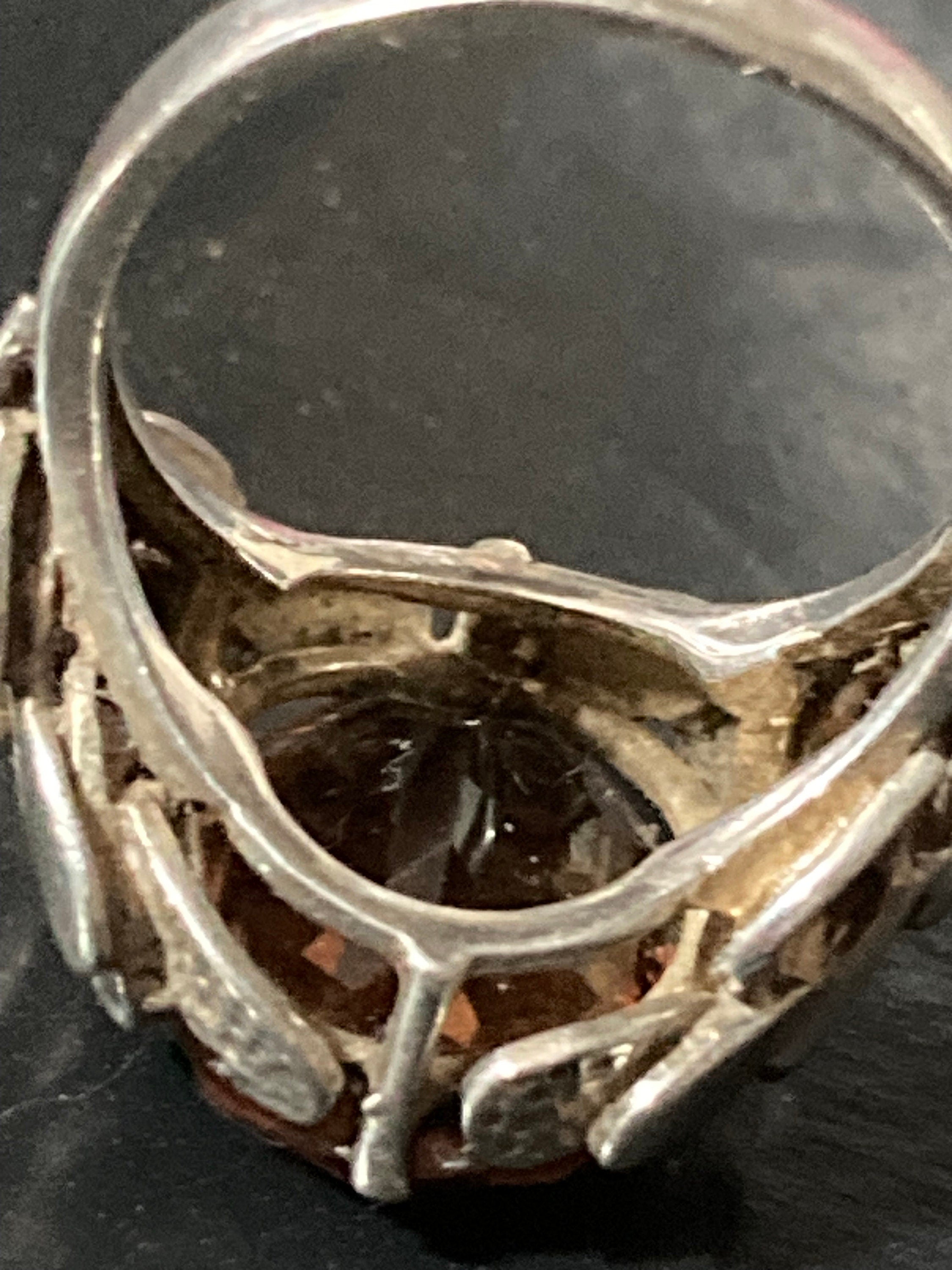 Modernist Brown Topaz Quartz Ring: Chunky Sterling Silver Brutalist Jewelry