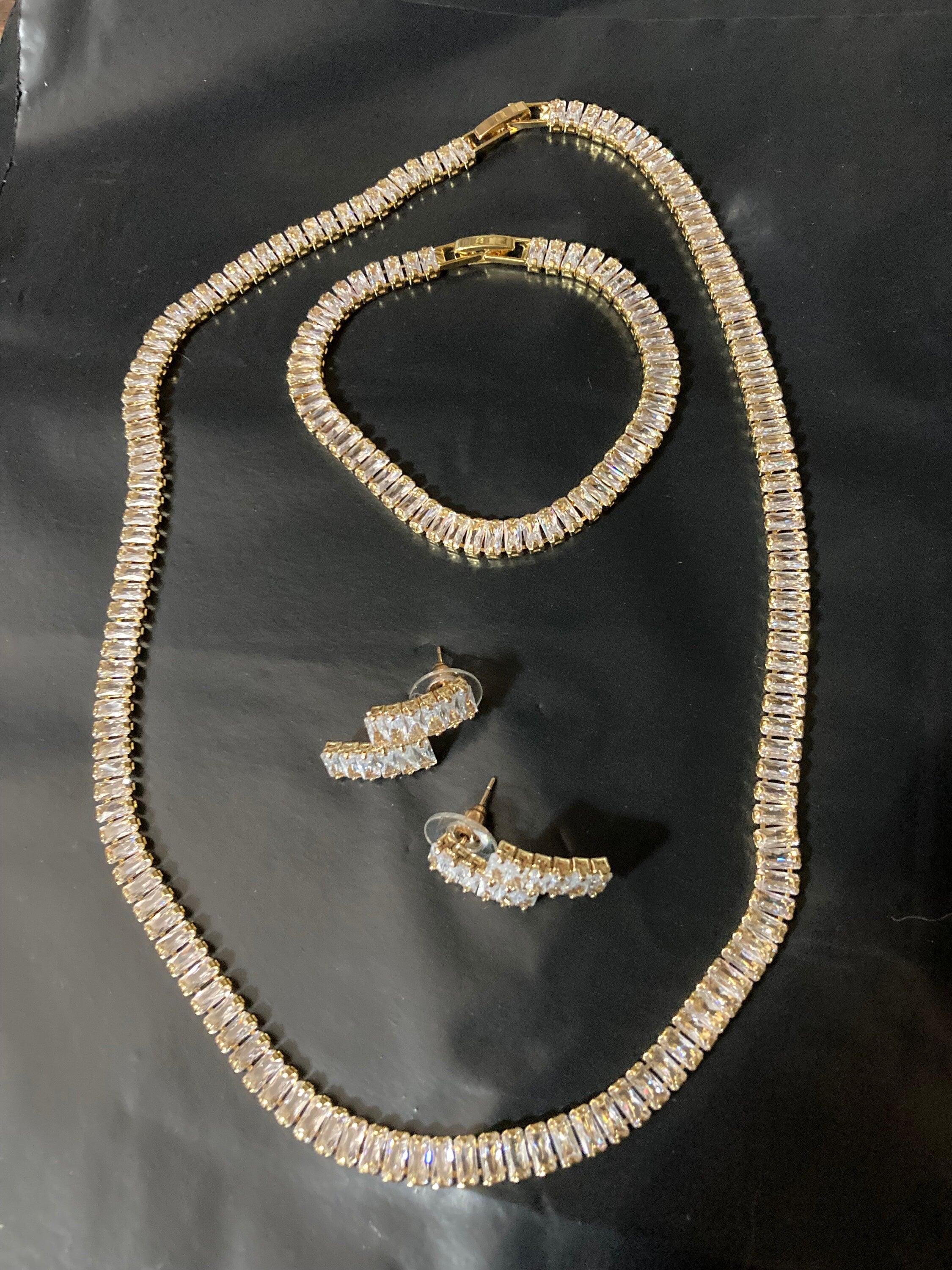 Gold Plated CZ Crystal Jewelry Set: Necklace, Bracelet & Earrings