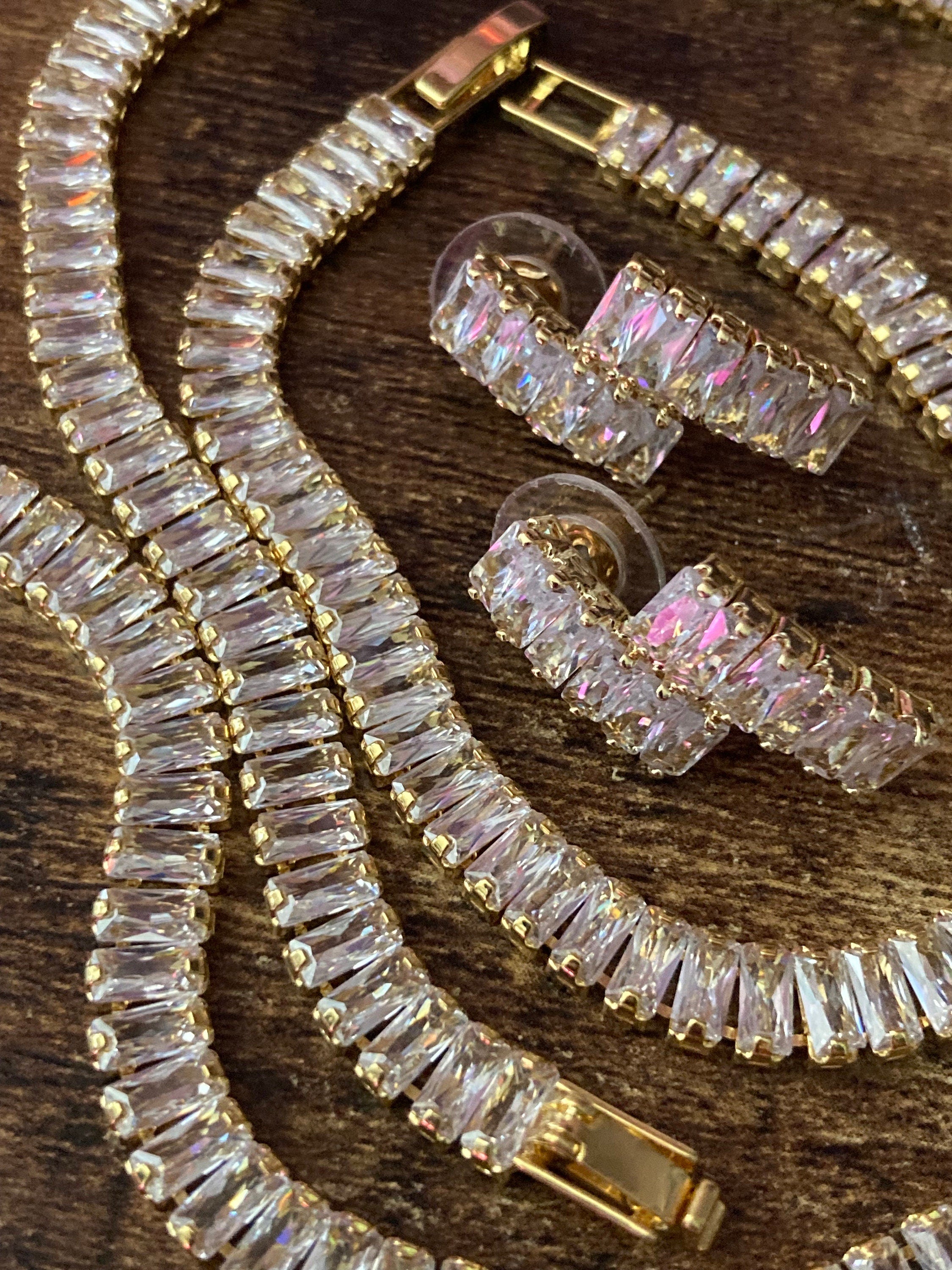 Gold Plated CZ Crystal Jewelry Set: Necklace, Bracelet & Earrings