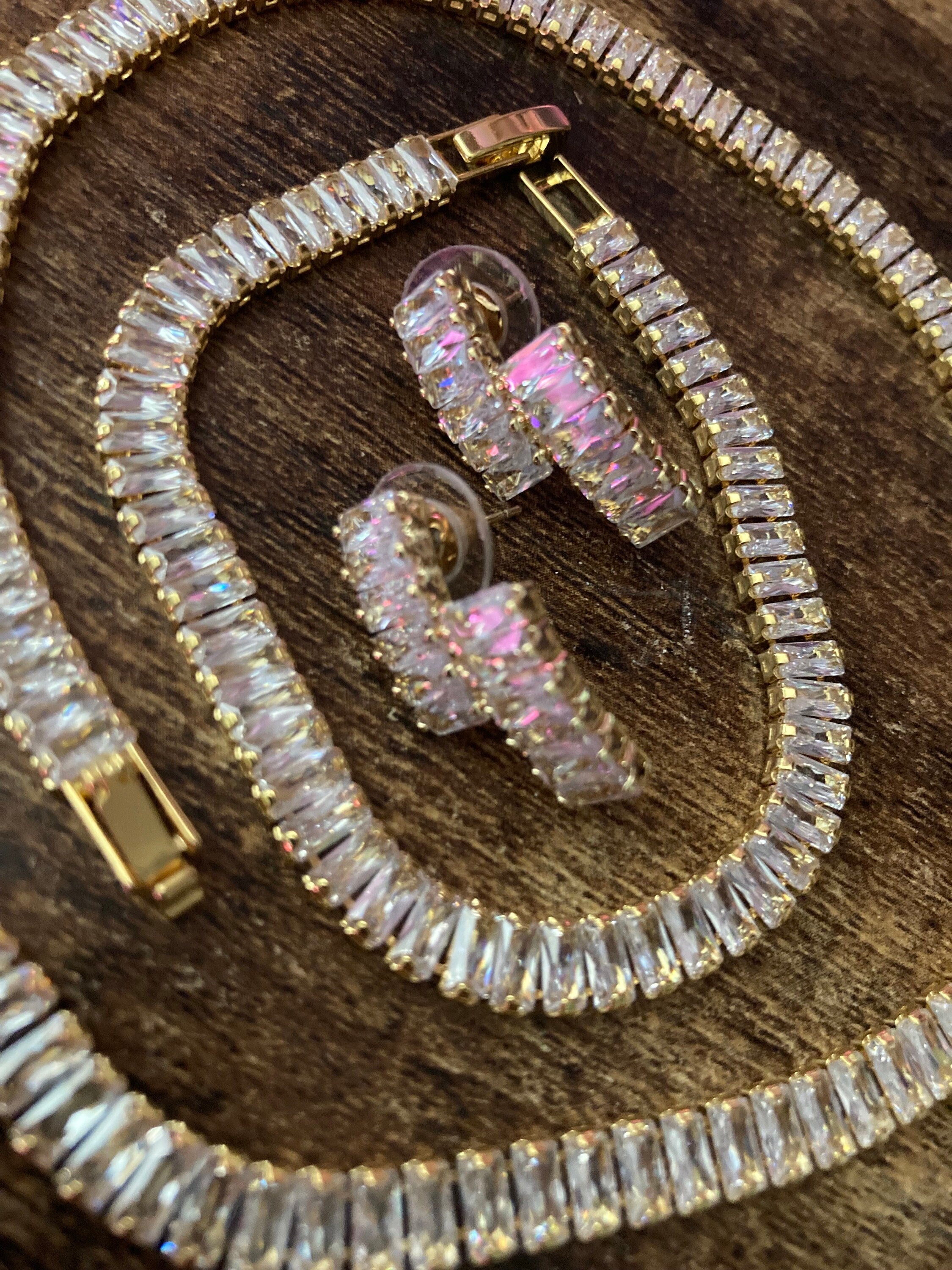 Gold Plated CZ Crystal Jewelry Set: Necklace, Bracelet & Earrings
