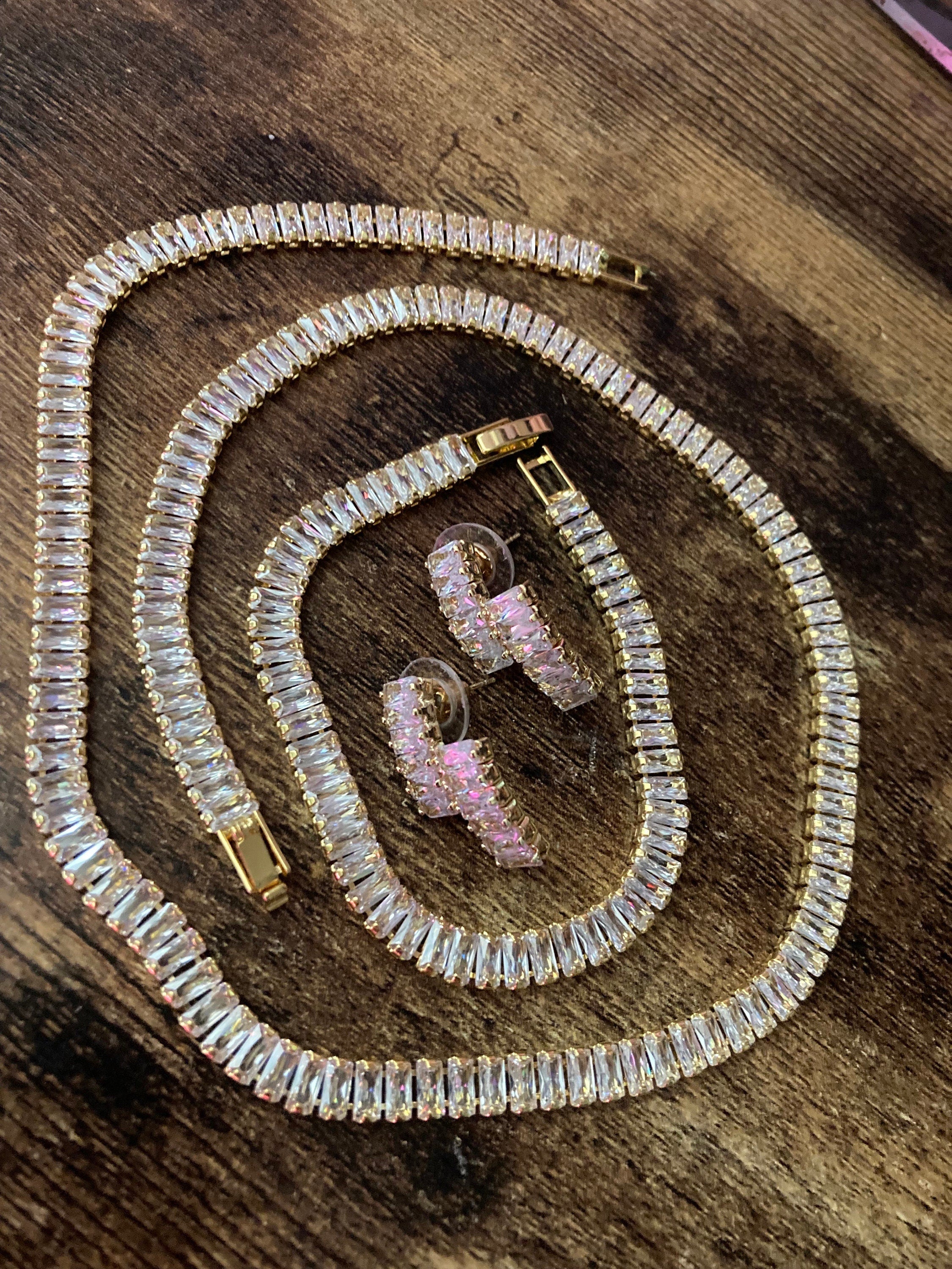 Gold Plated CZ Crystal Jewelry Set: Necklace, Bracelet & Earrings