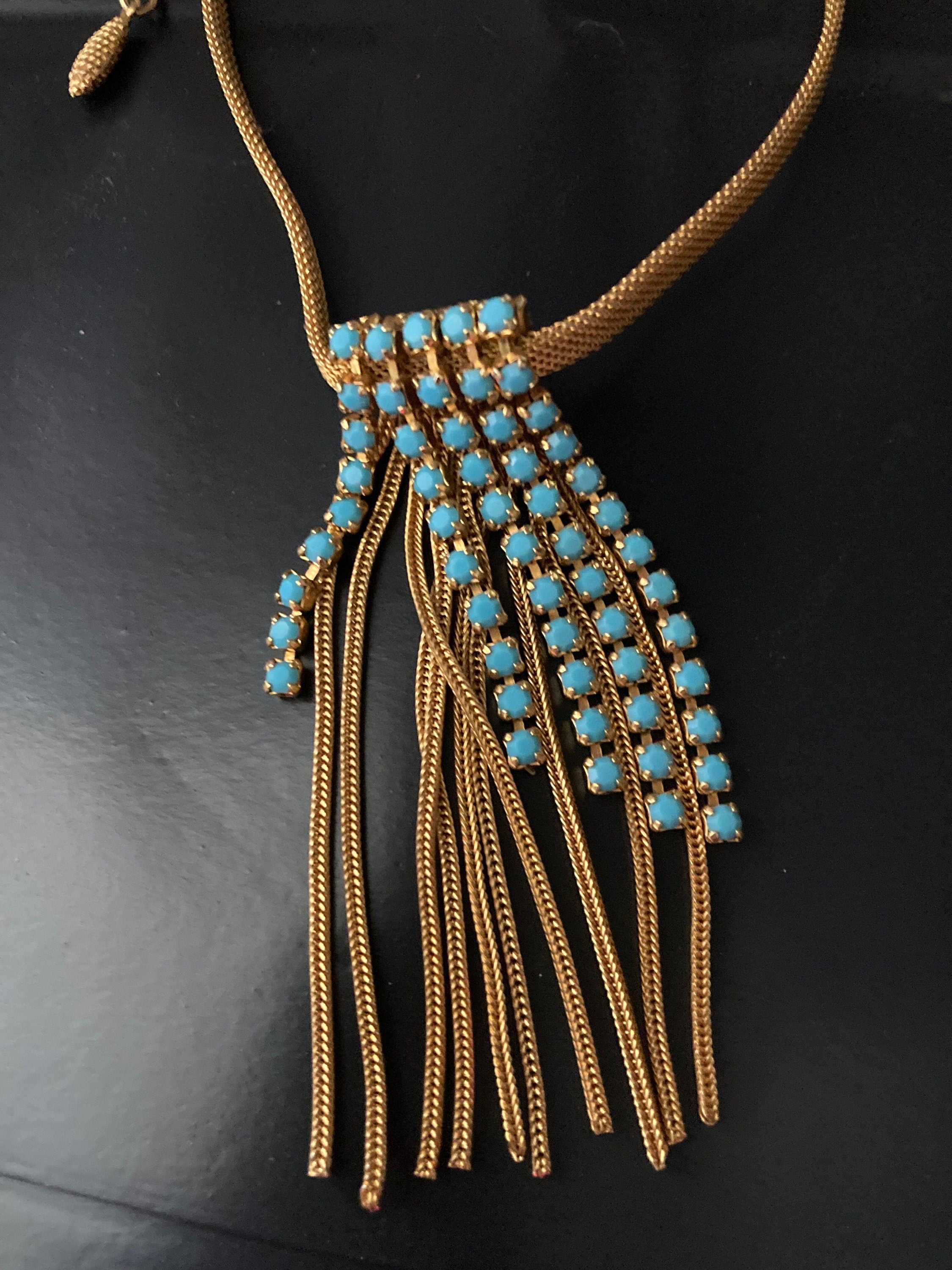Vintage gold tone mesh lariat drop necklace with turquoise glass paste stones