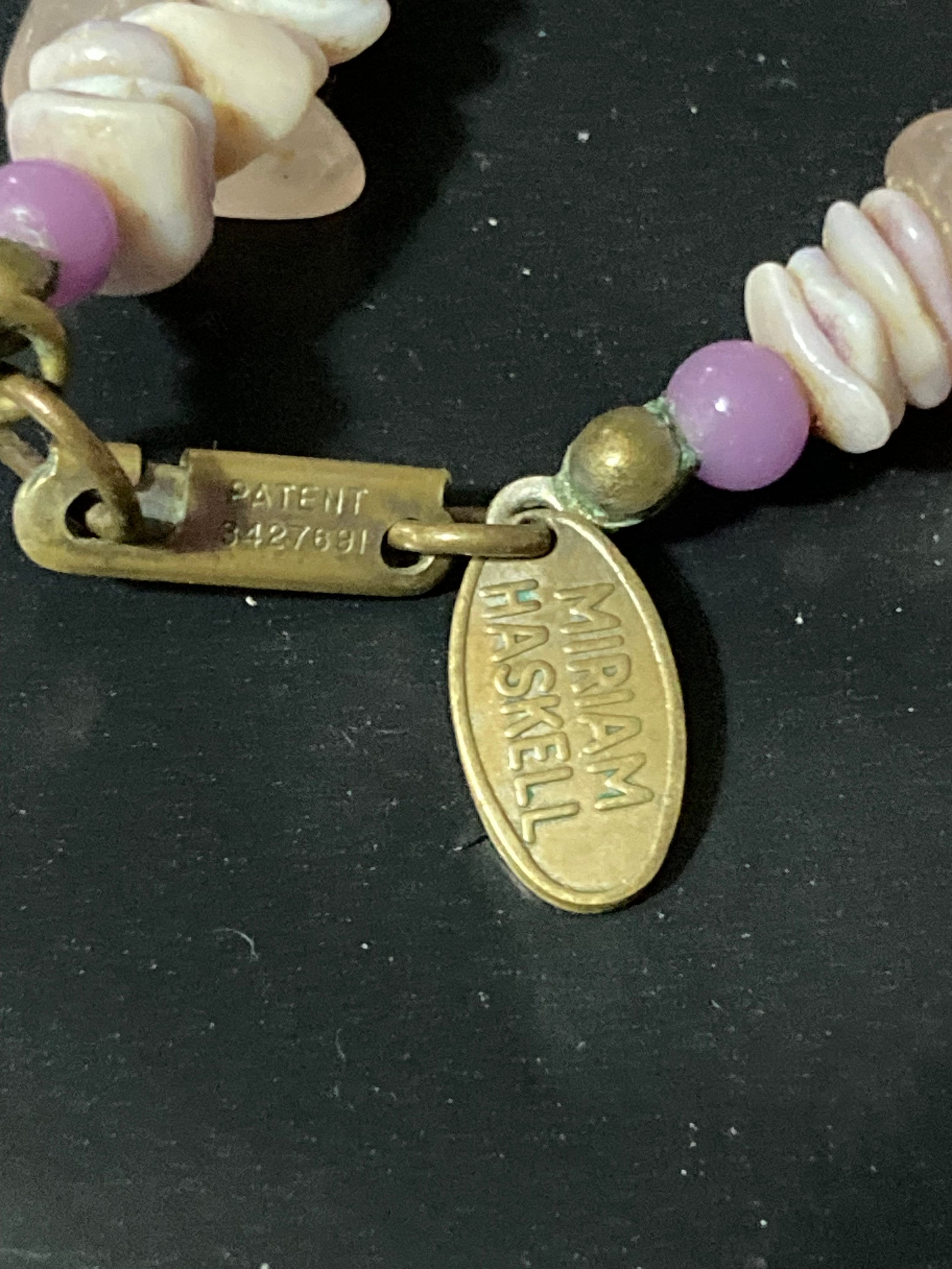 signed Miriam haskell Vintage designer gem set rose quartz beaded necklace 40cm pink purple shell