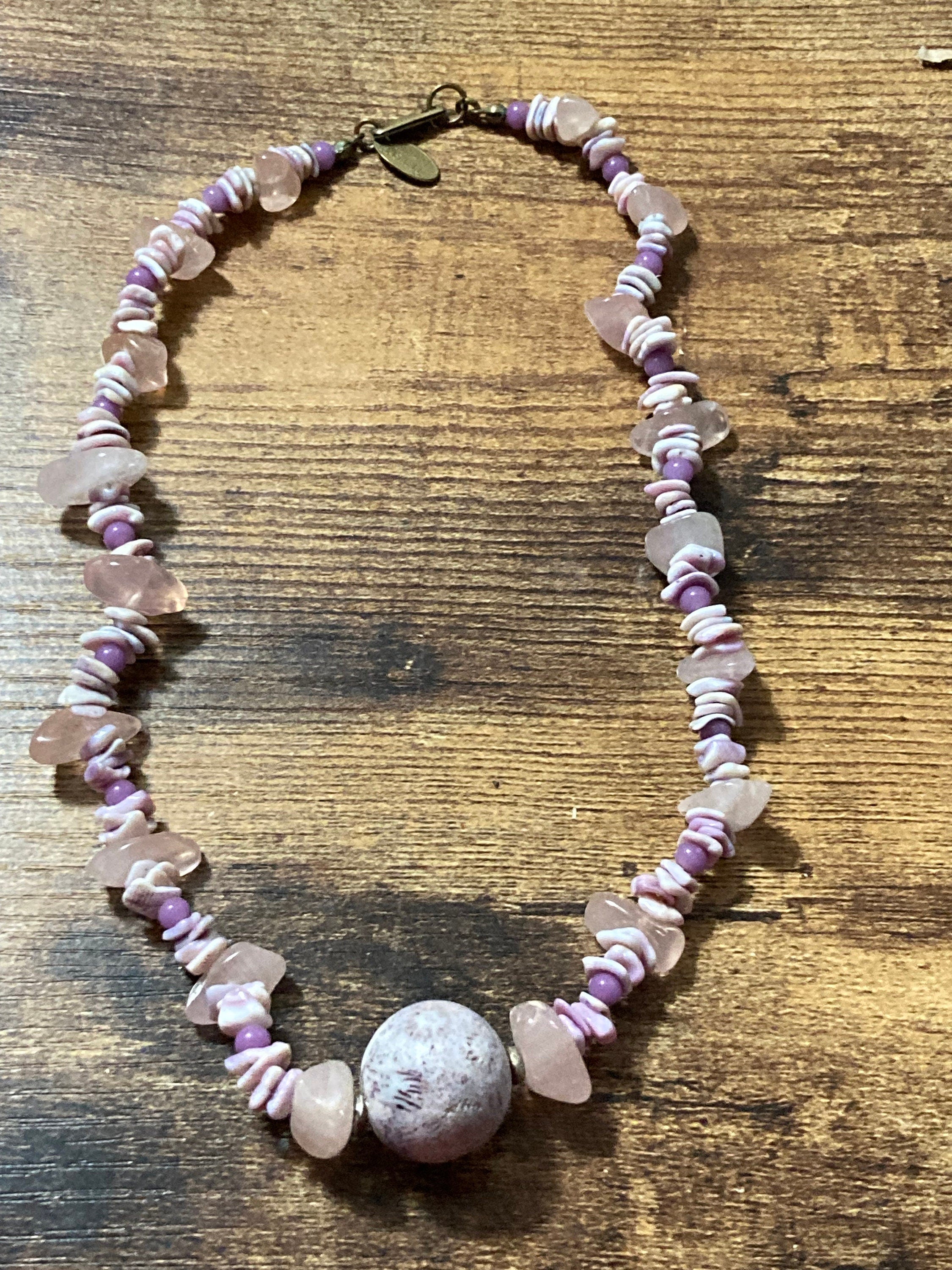 signed Miriam haskell Vintage designer gem set rose quartz beaded necklace 40cm pink purple shell