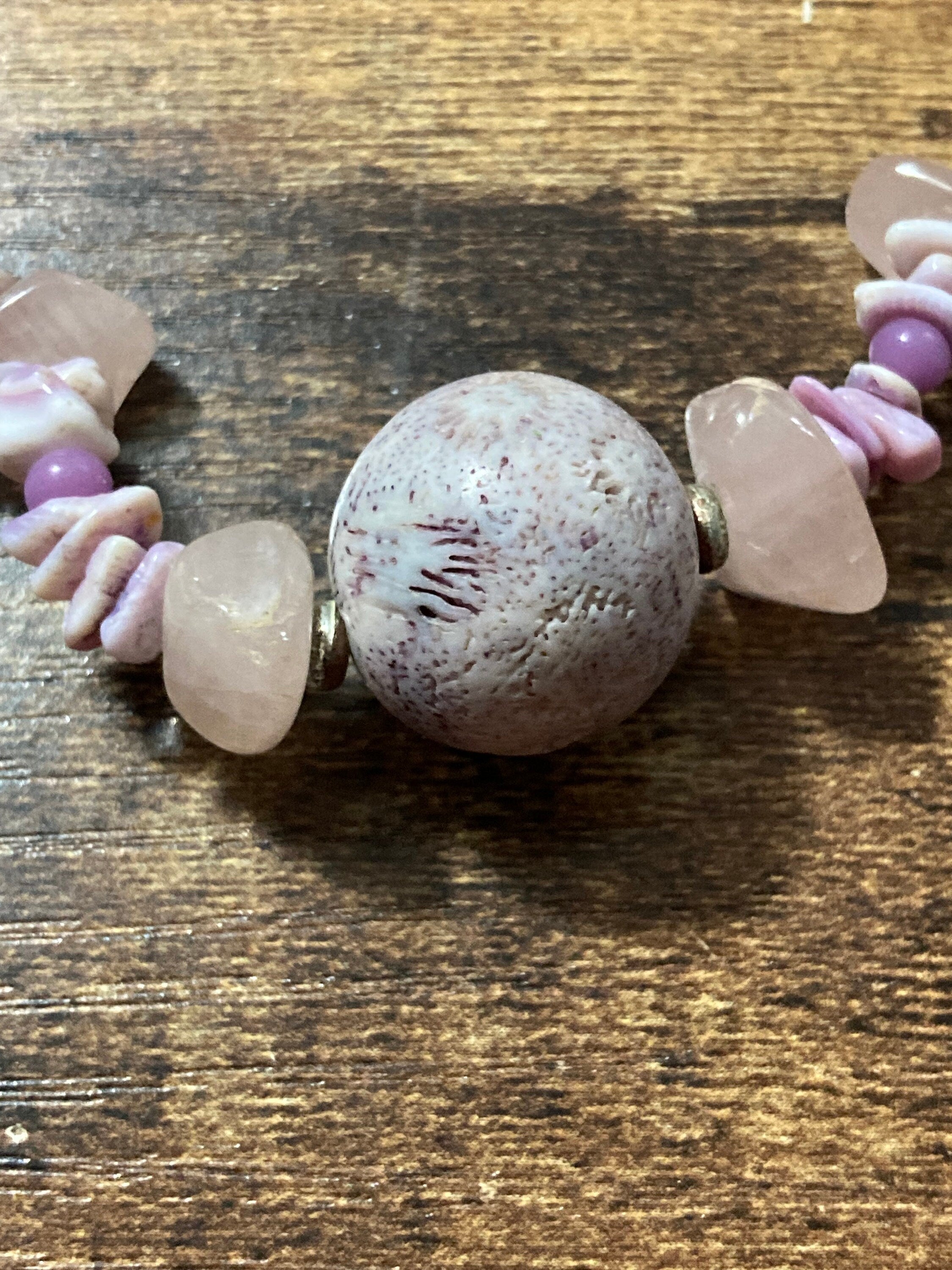 signed Miriam haskell Vintage designer gem set rose quartz beaded necklace 40cm pink purple shell