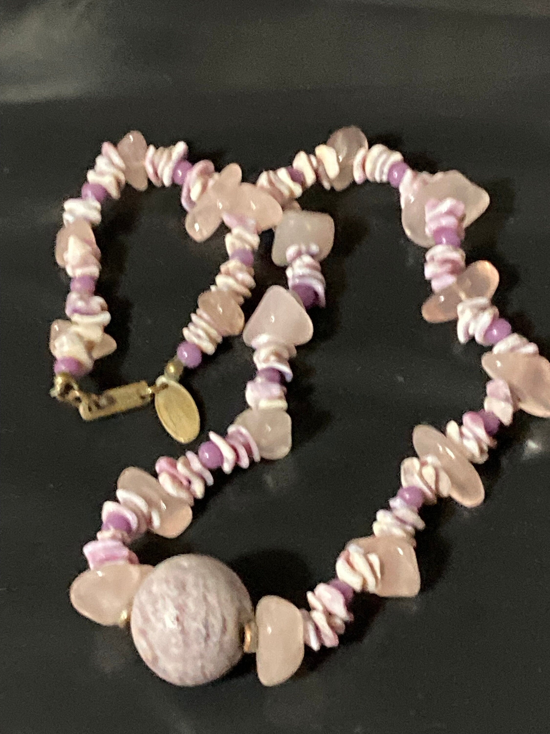 signed Miriam haskell Vintage designer gem set rose quartz beaded necklace 40cm pink purple shell