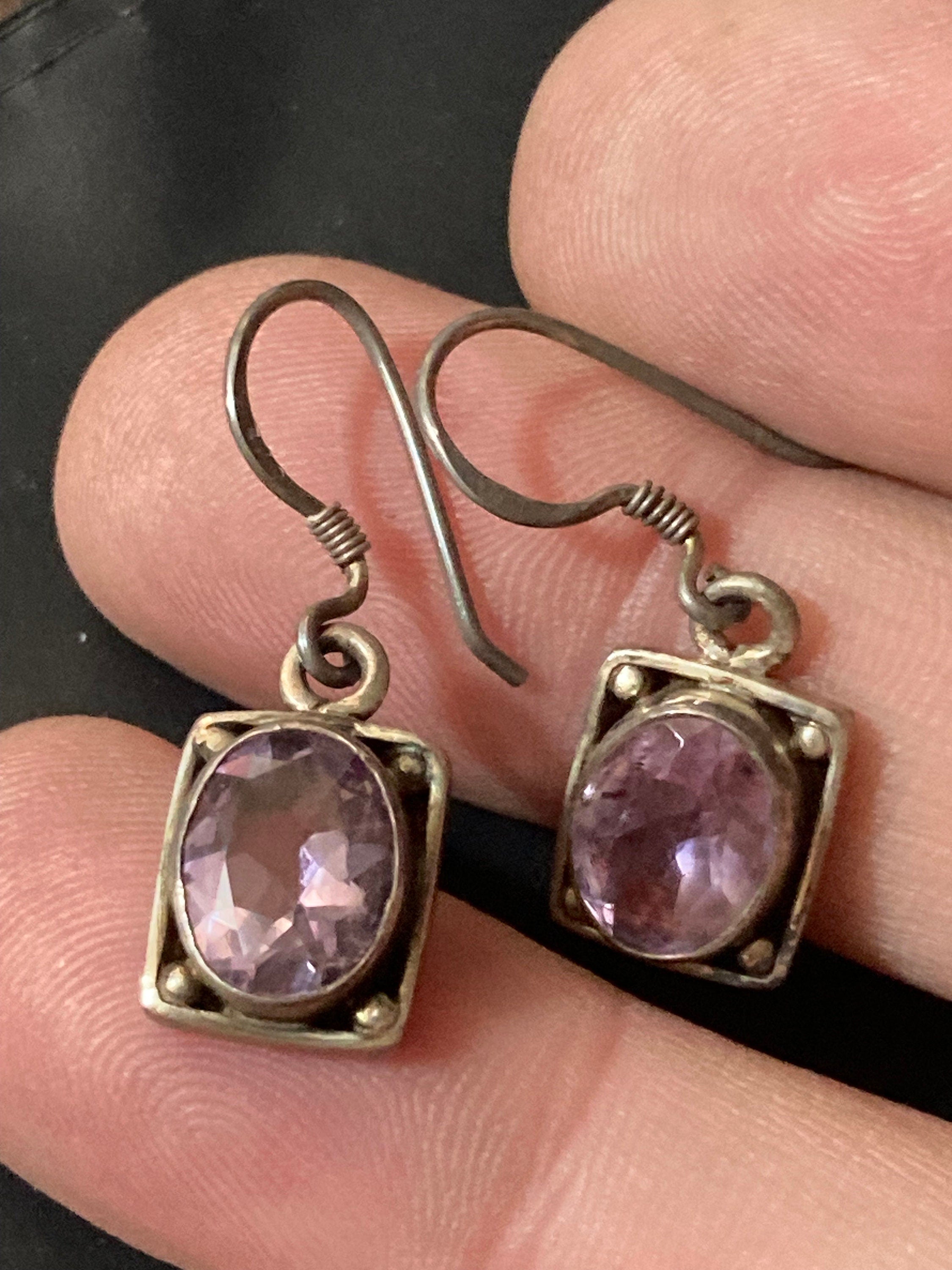 Cut Amethyst gemstone stamped 925 silver drop retro earrings vintage antique style gem set