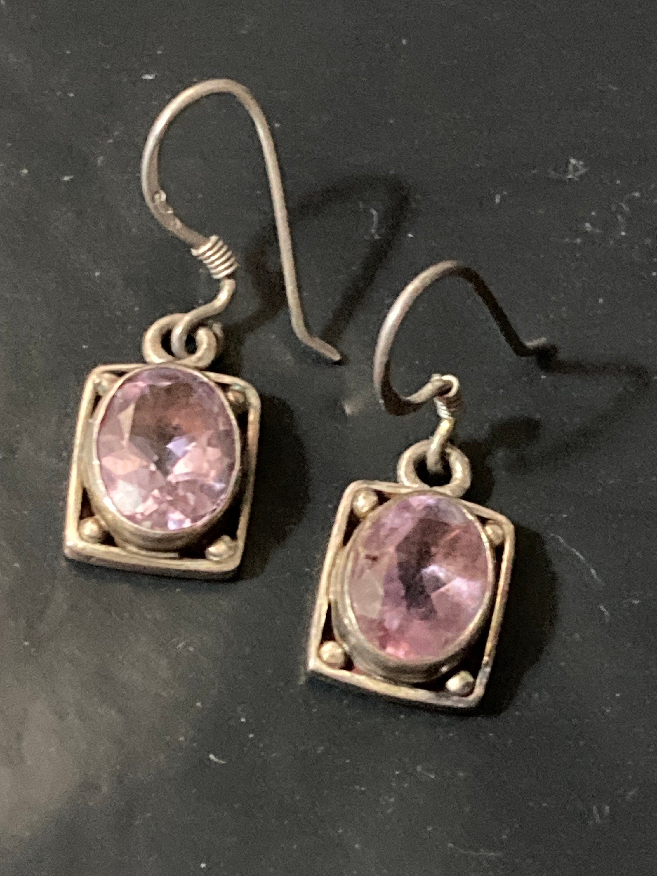 Cut Amethyst gemstone stamped 925 silver drop retro earrings vintage antique style gem set