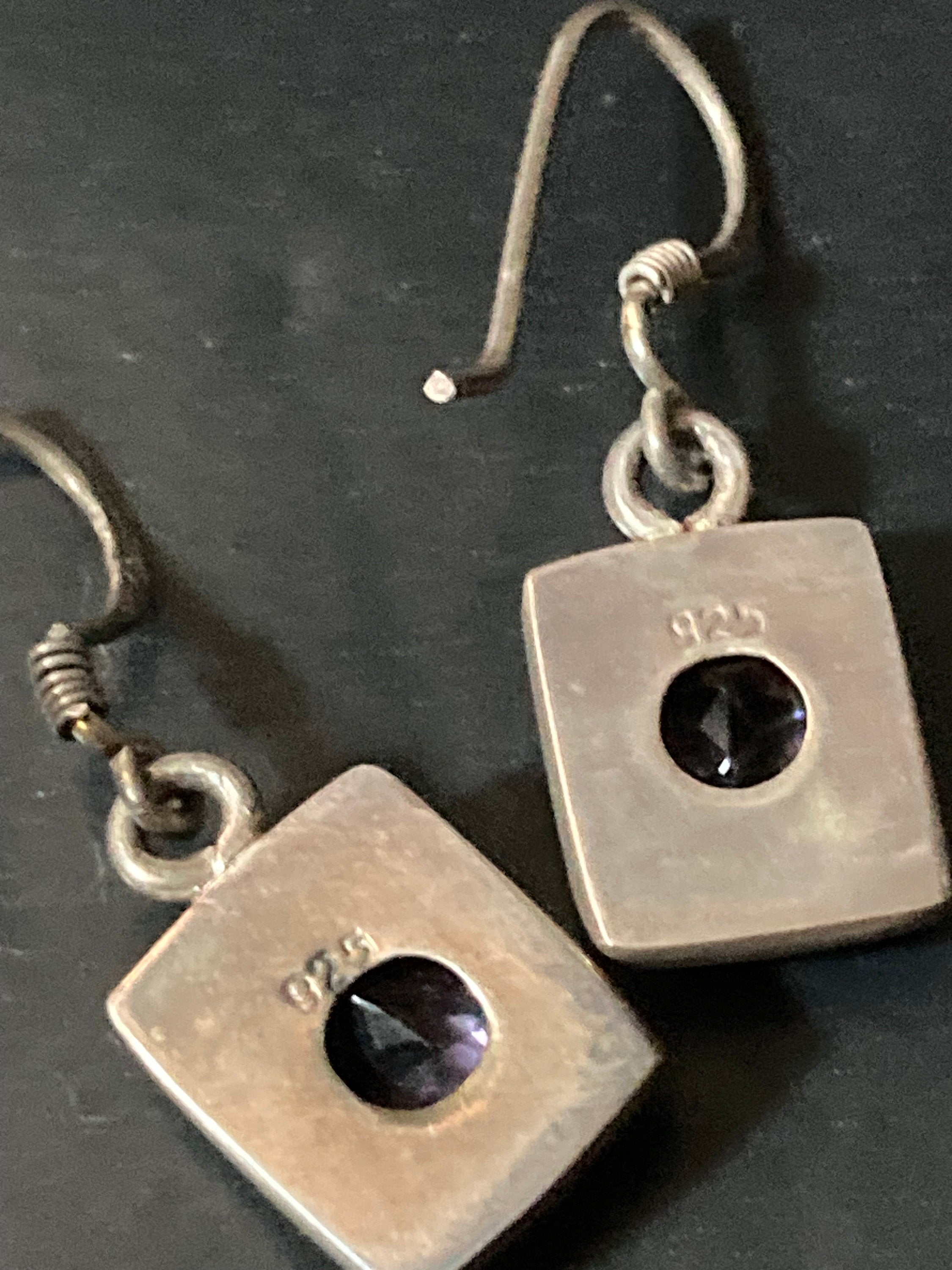 Cut Amethyst gemstone stamped 925 silver drop retro earrings vintage antique style gem set