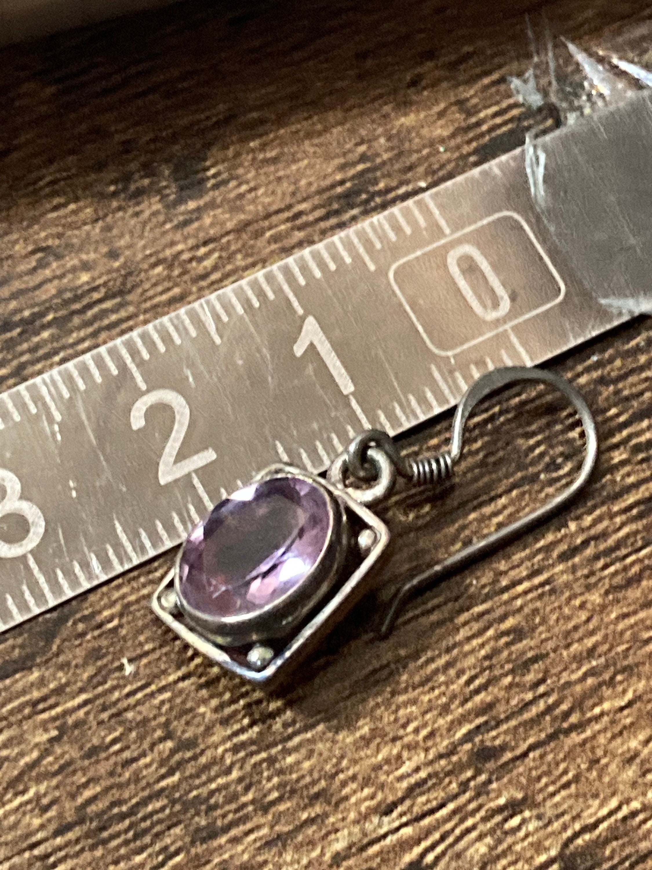 Cut Amethyst gemstone stamped 925 silver drop retro earrings vintage antique style gem set