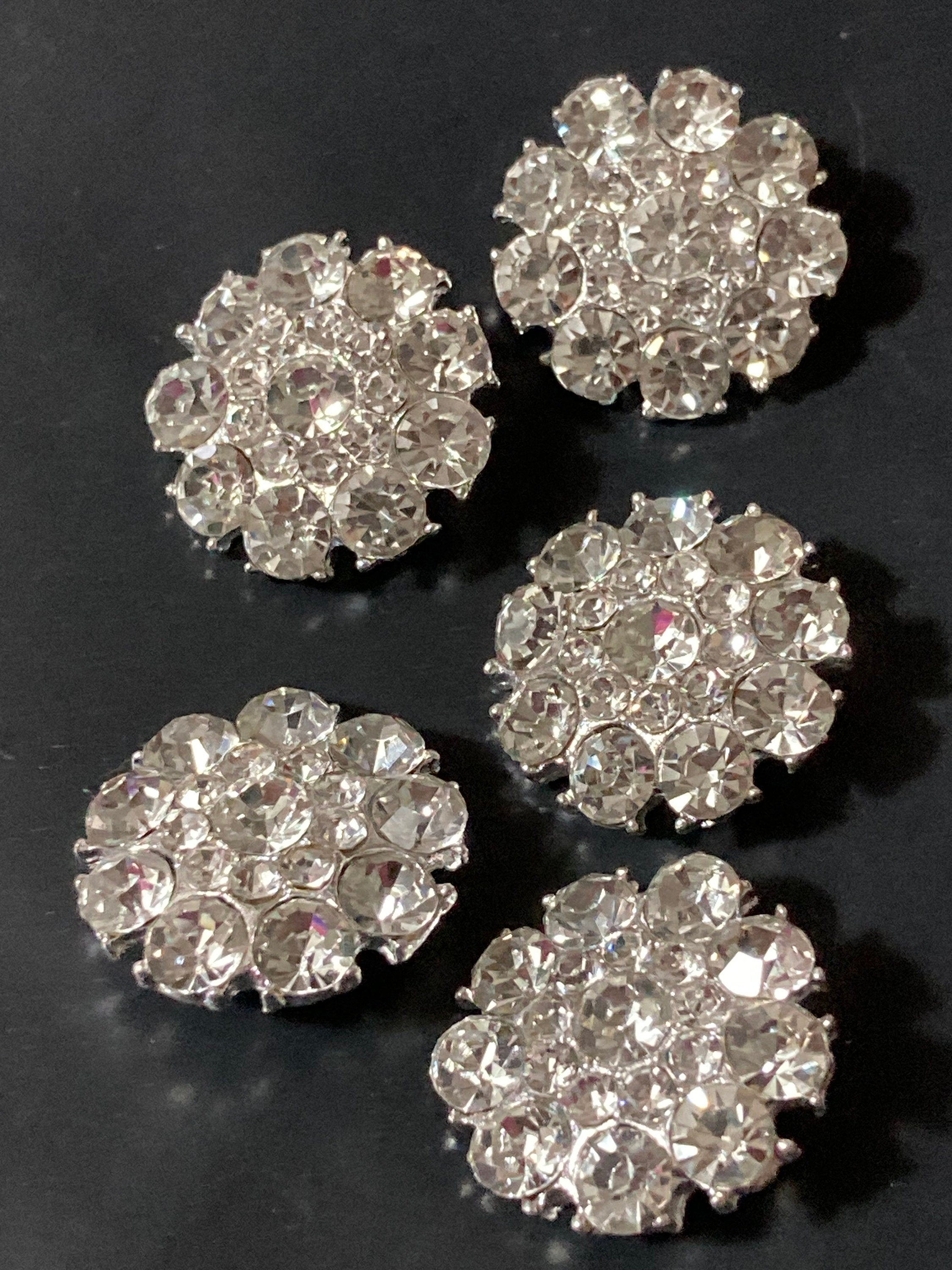 20mm Set of 5 round clear diamanté rhinestone low domed buttons silver tone