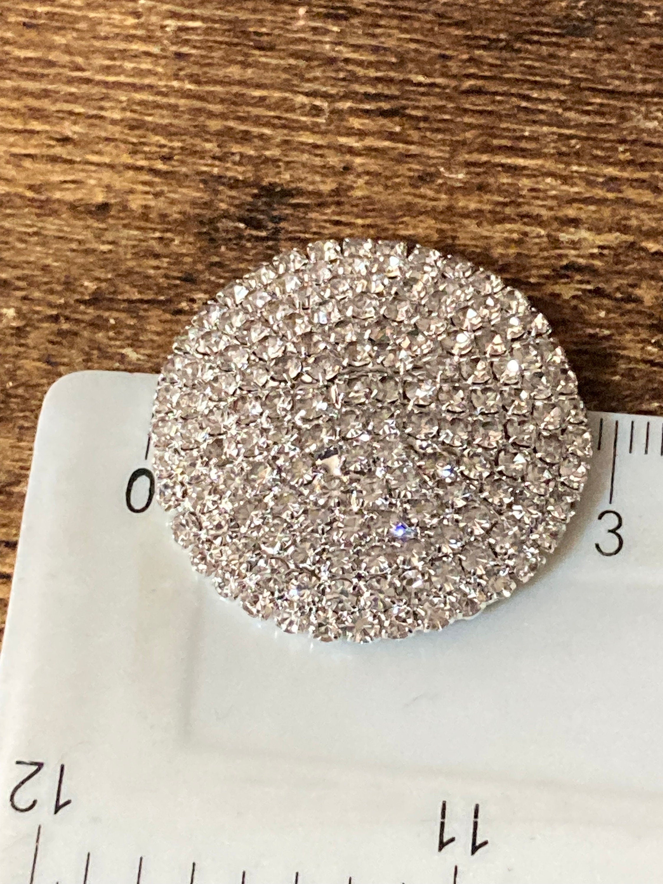 30mm clear glass diamanté buttons; silver tone , Set of 5