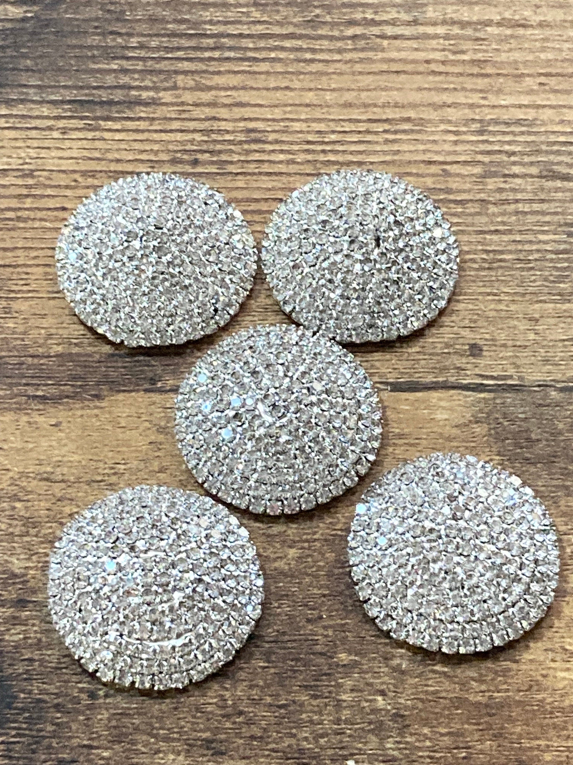 30mm clear glass diamanté buttons; silver tone , Set of 5