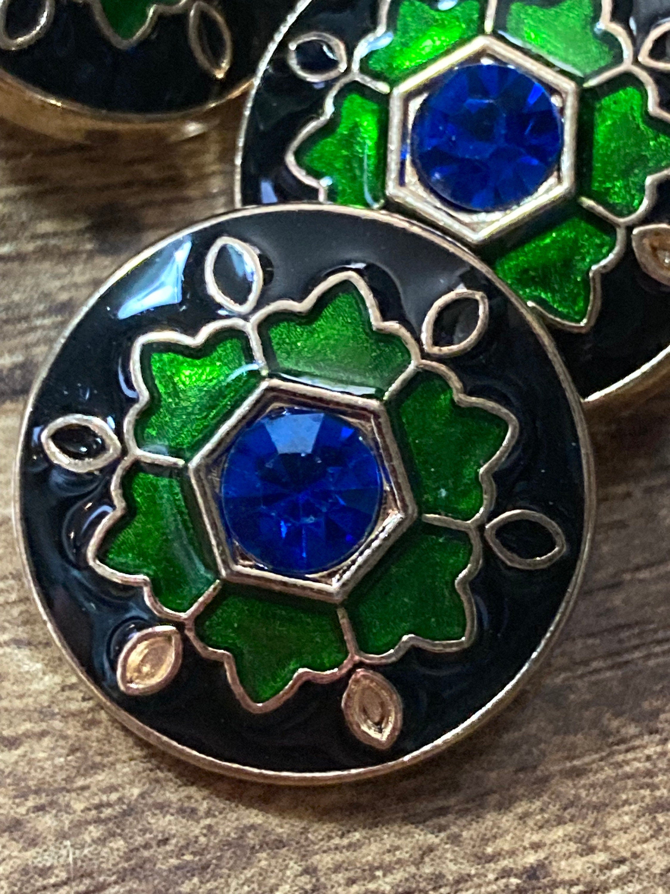 Set of 5 x 20mm green black and gold sapphire diamanté round metal buttons