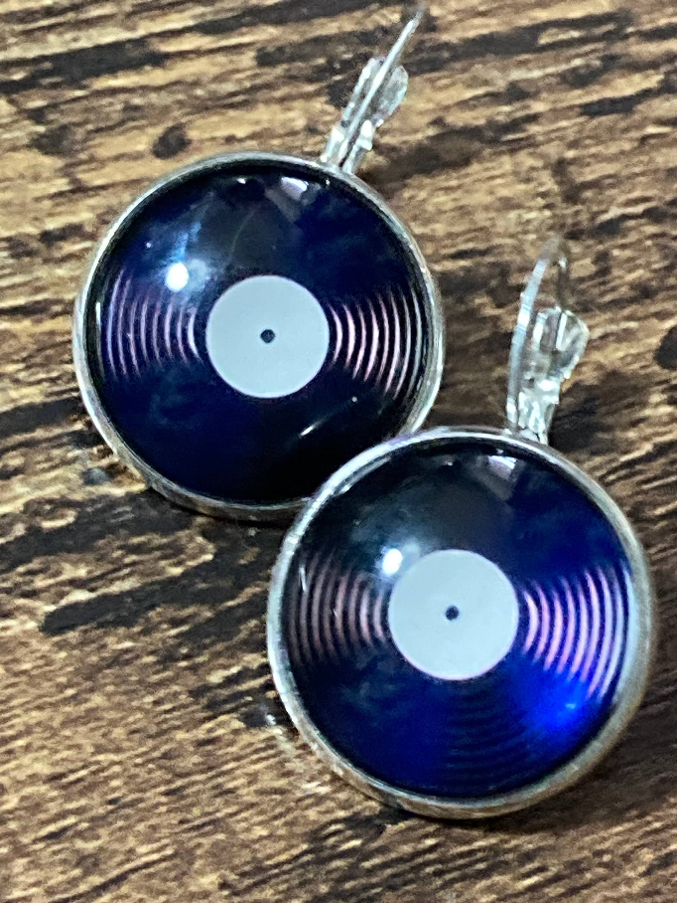 20mm Large Vinyl record drop earrings Retro style Black white