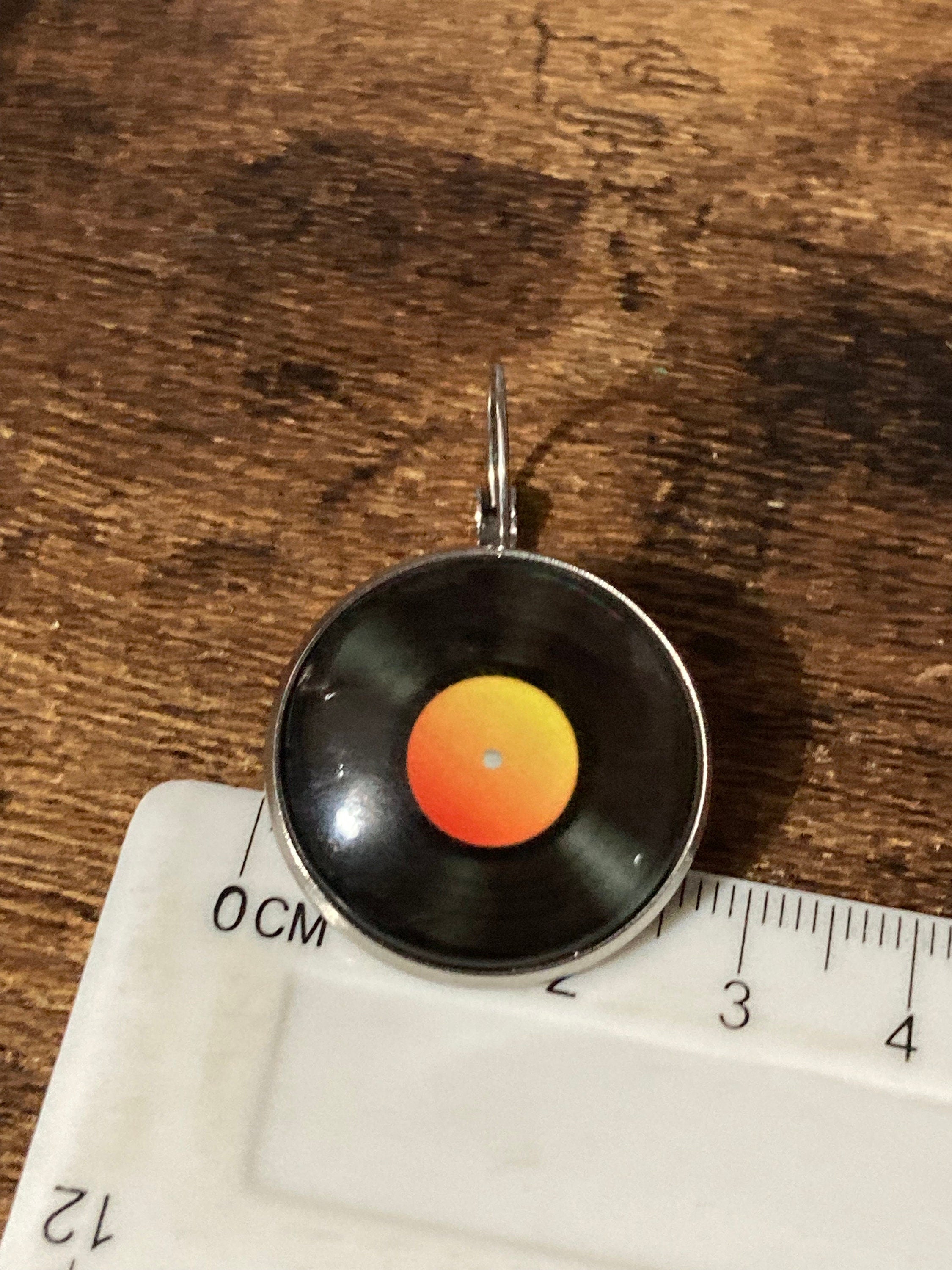 Oversized 25mm novelty Vinyl record drop earrings retro Black orange gold tone