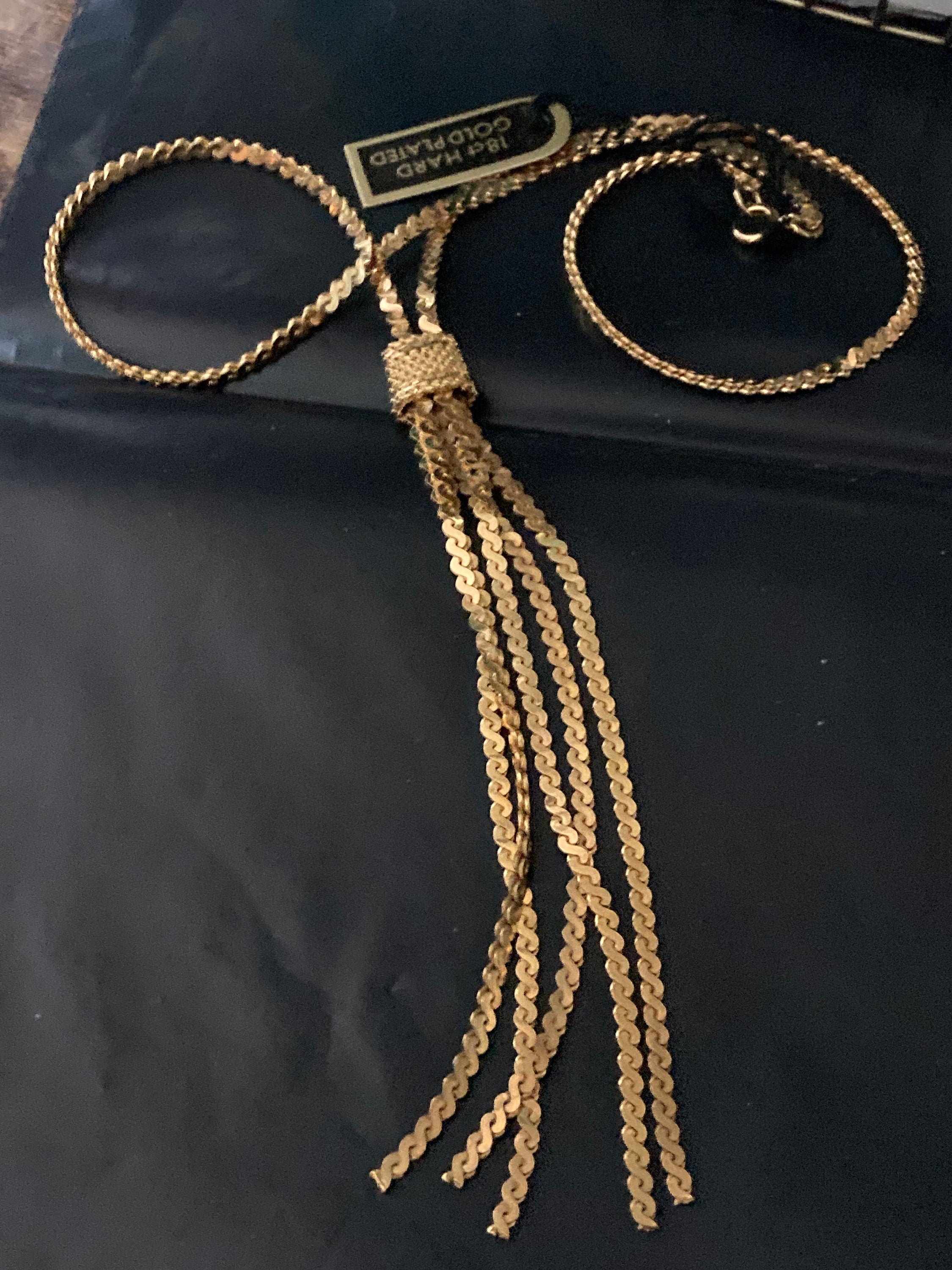 Vintage tassel chain 1970s 18k hard gold plated serpentine negligee long drop necklace old shop stock