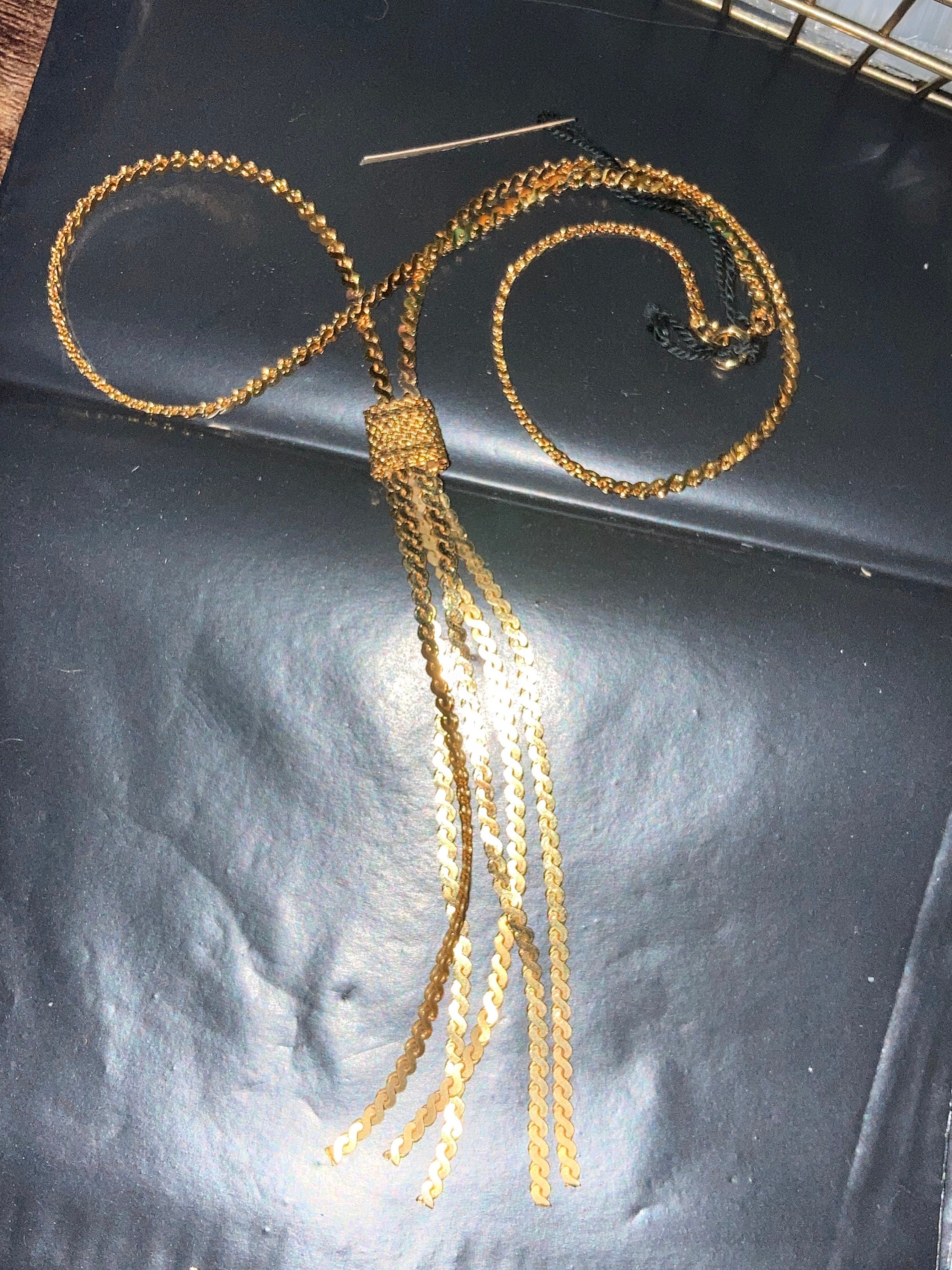 Vintage tassel chain 1970s 18k hard gold plated serpentine negligee long drop necklace old shop stock