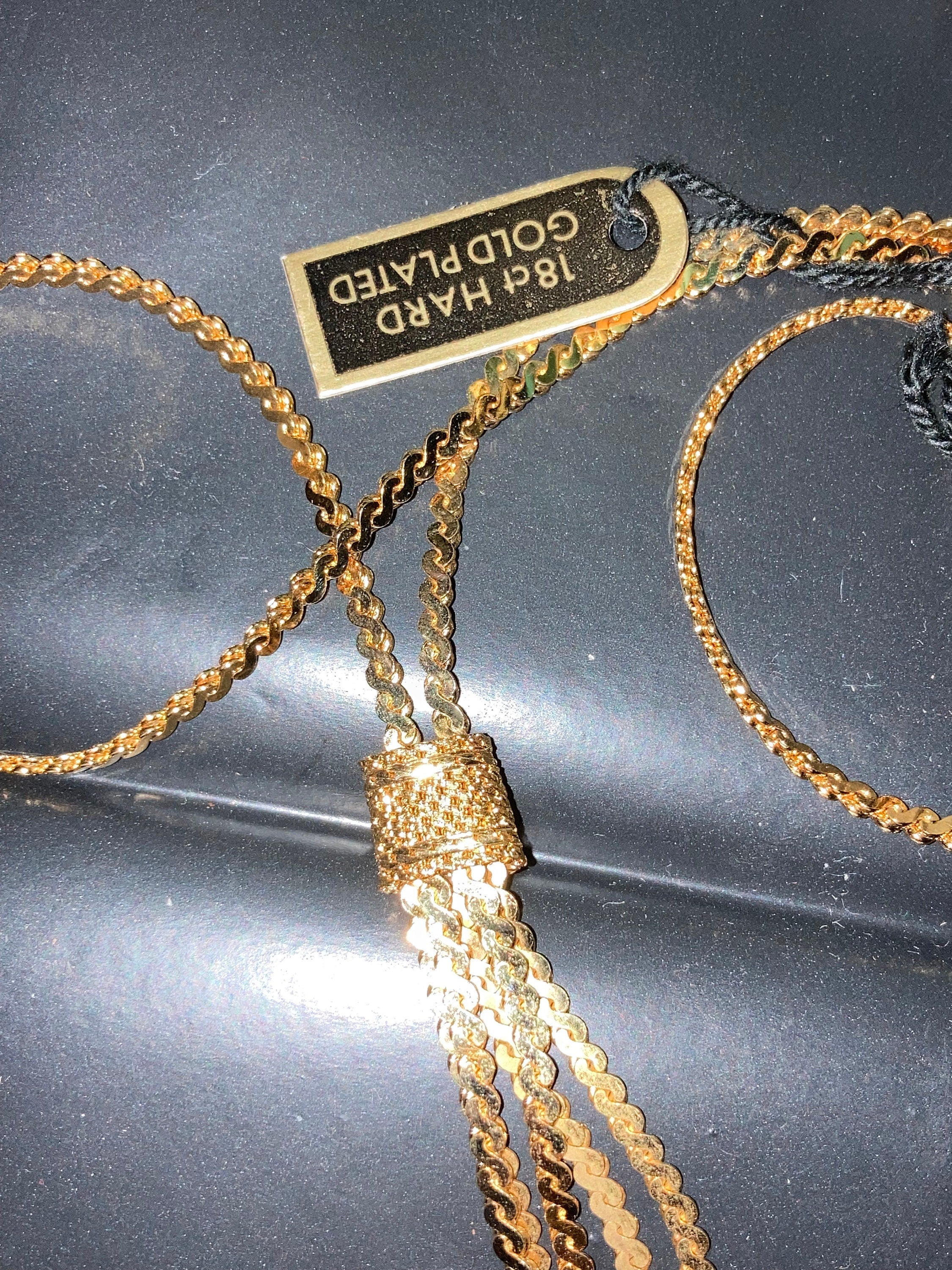 Vintage tassel chain 1970s 18k hard gold plated serpentine negligee long drop necklace old shop stock