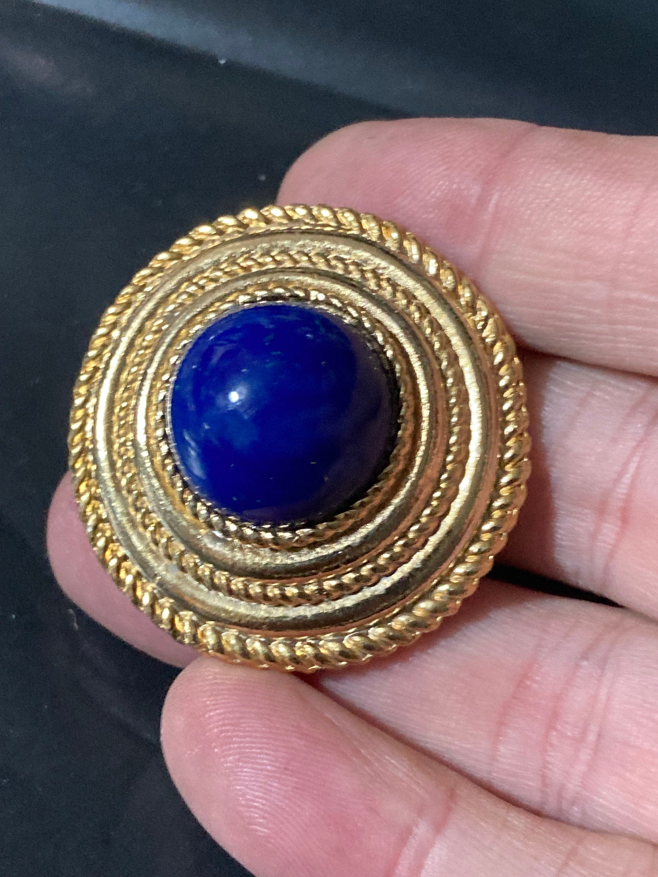 Vintage Gold Plated Scarf Clip Ring: Nautical Faux Lapis Cabochon