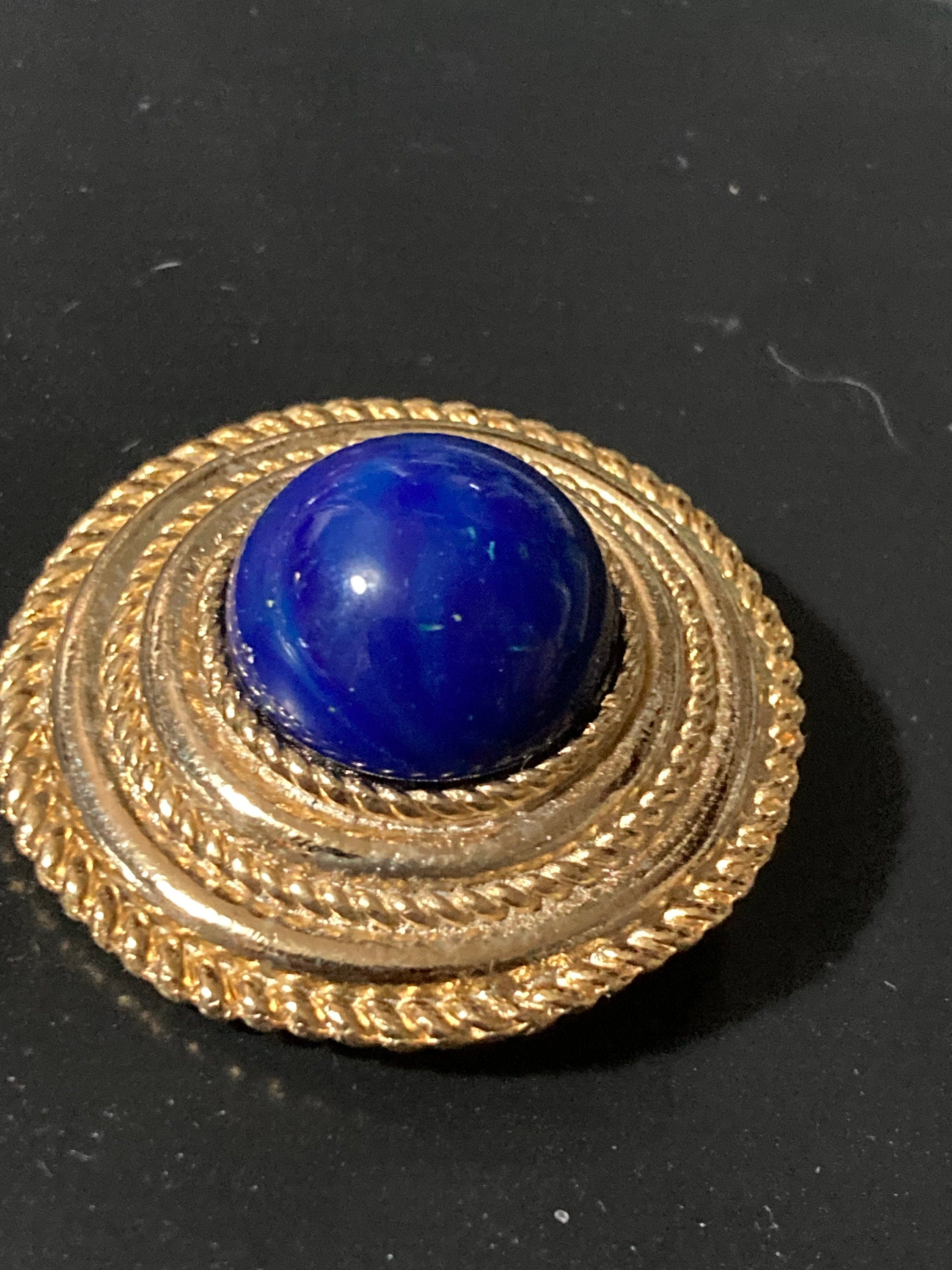 Vintage Gold Plated Scarf Clip Ring: Nautical Faux Lapis Cabochon