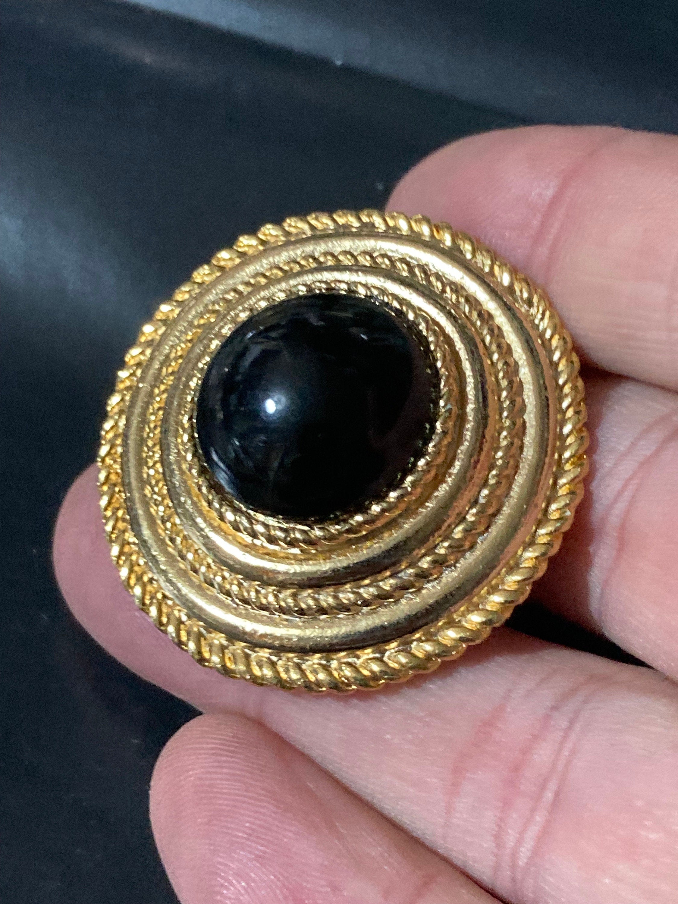 Vintage Gold Plated Scarf Clip Ring: Black Gripoix Style Cabochon