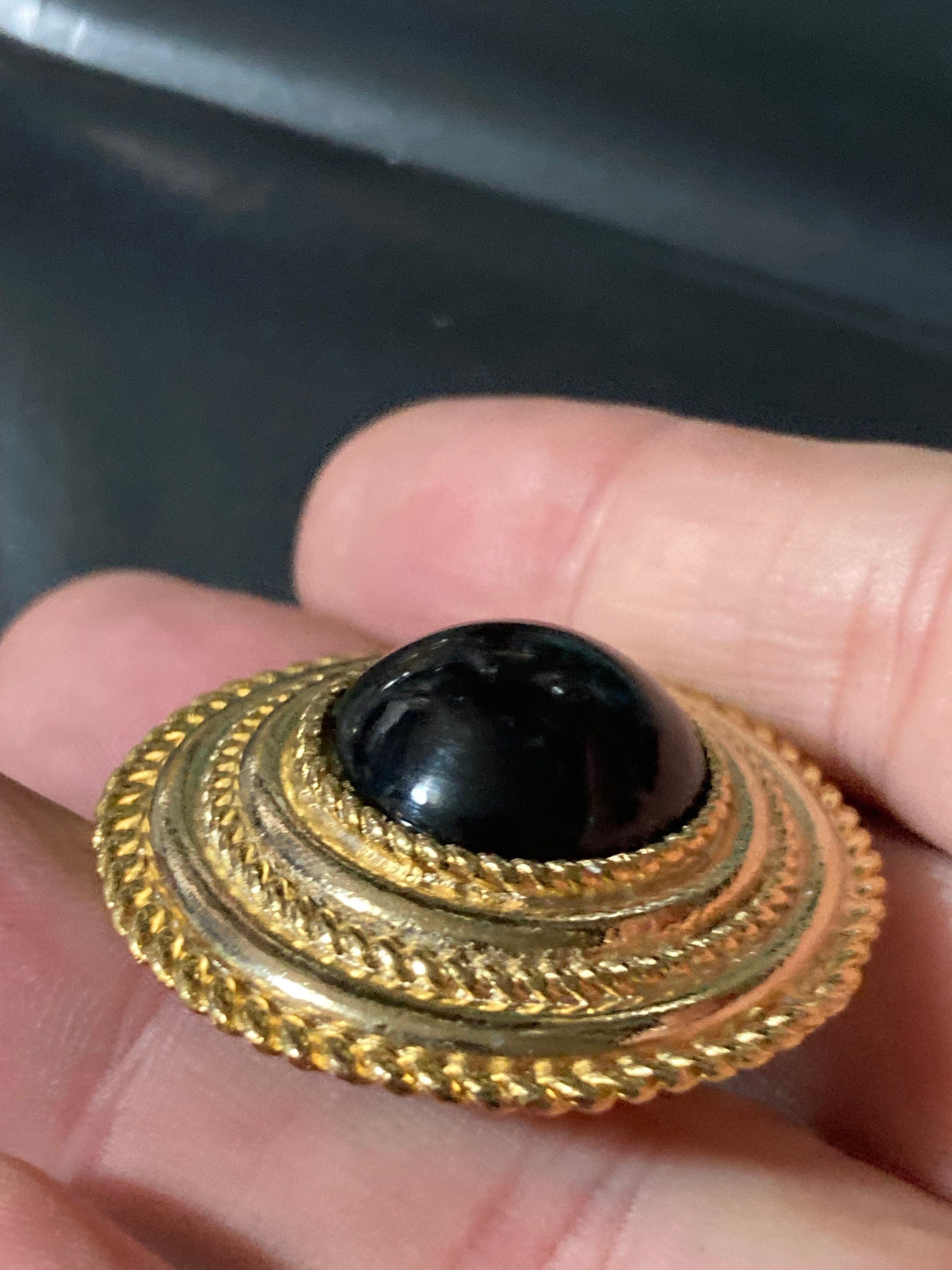 Vintage Gold Plated Scarf Clip Ring: Black Gripoix Style Cabochon