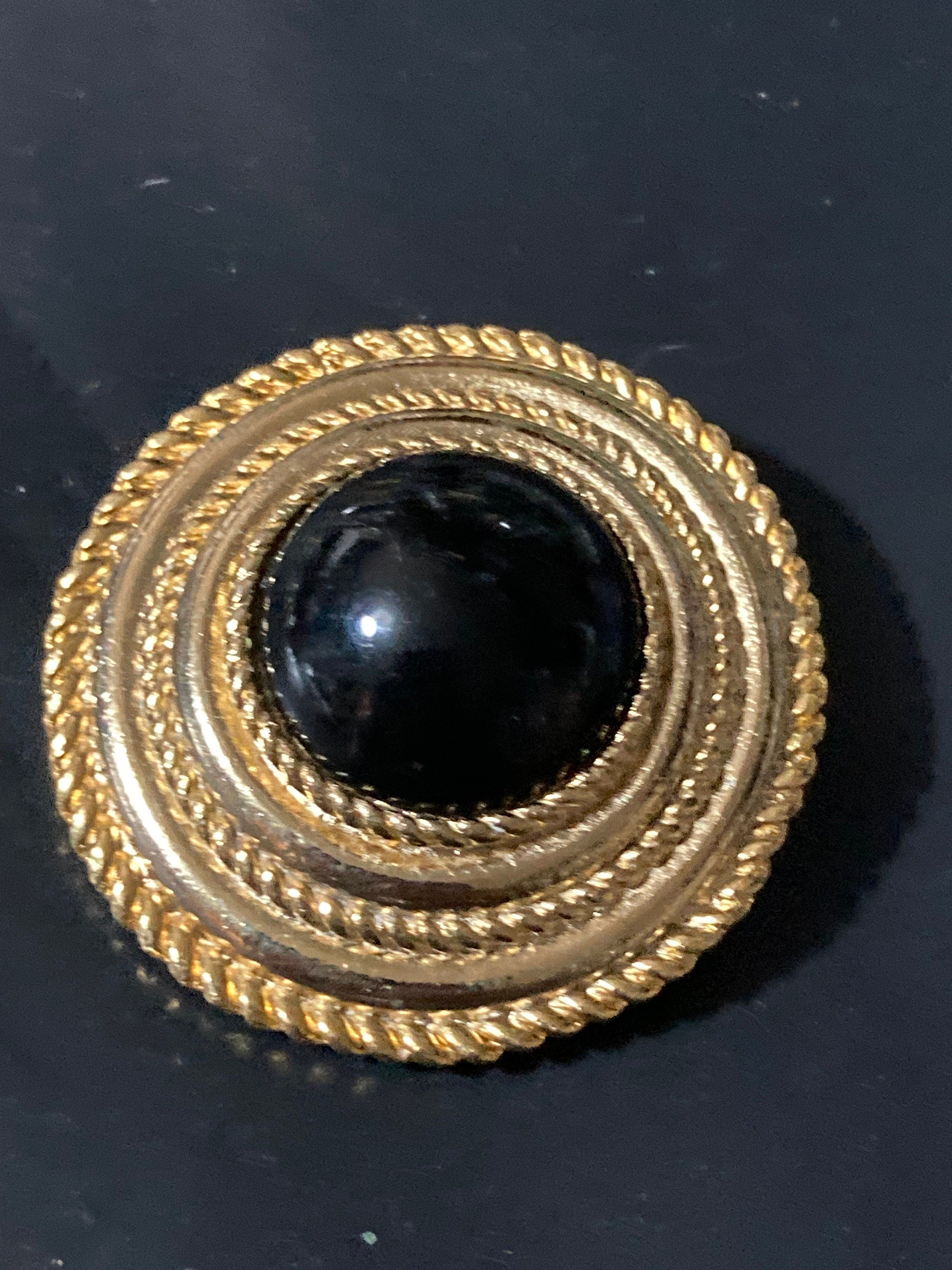 Vintage Gold Plated Scarf Clip Ring: Black Gripoix Style Cabochon