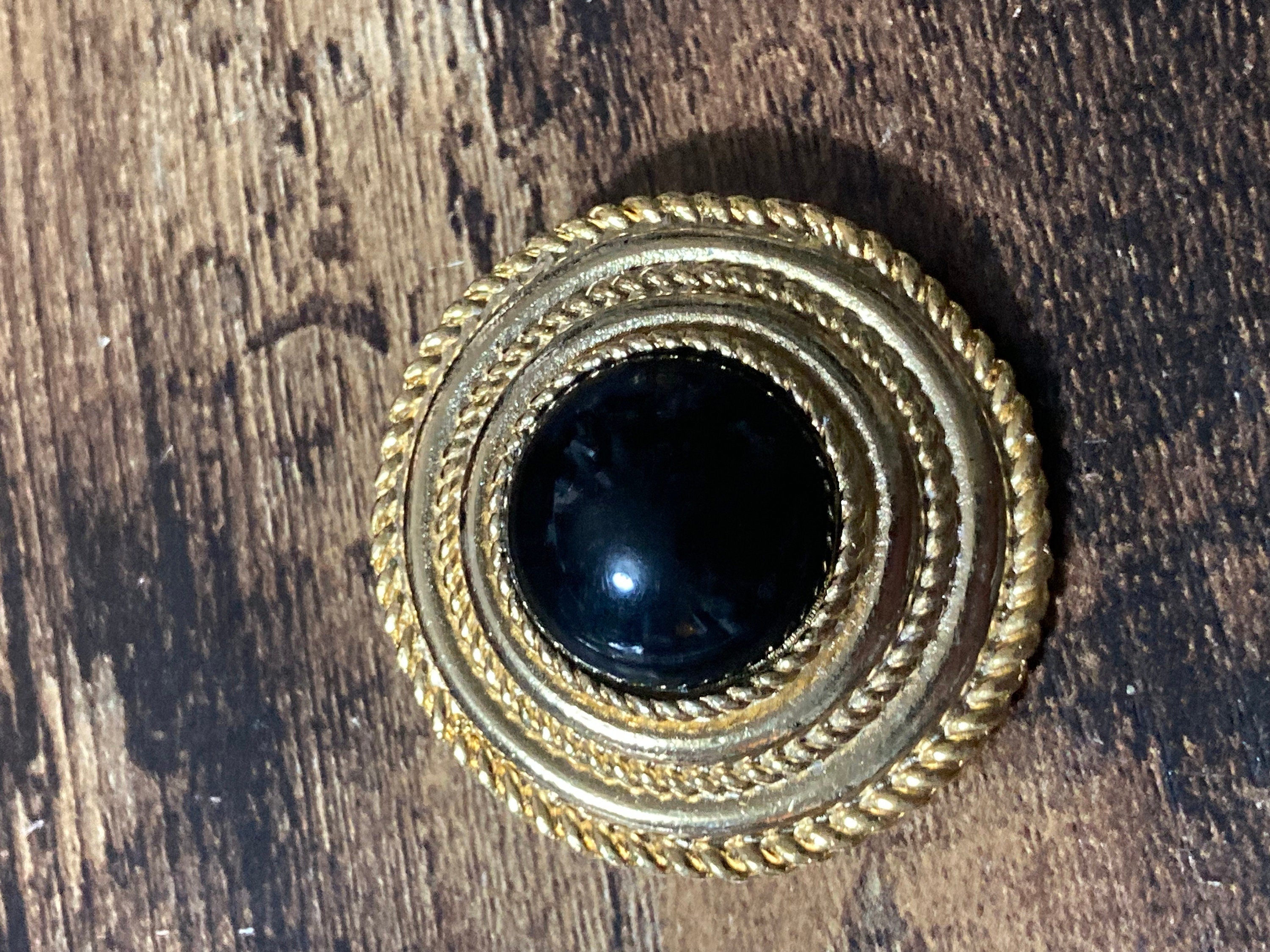 Vintage Gold Plated Scarf Clip Ring: Black Gripoix Style Cabochon