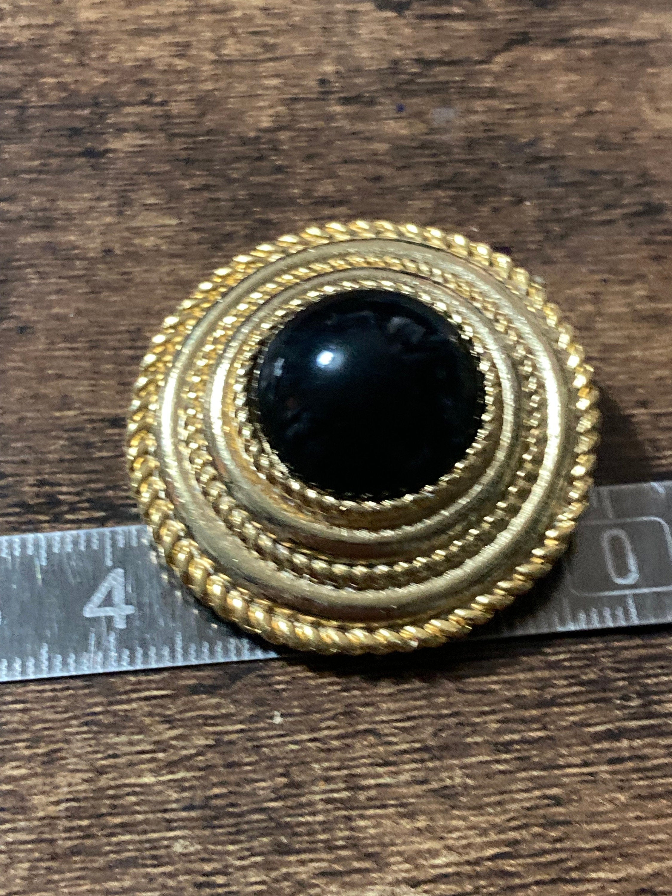 Vintage Gold Plated Scarf Clip Ring: Black Gripoix Style Cabochon