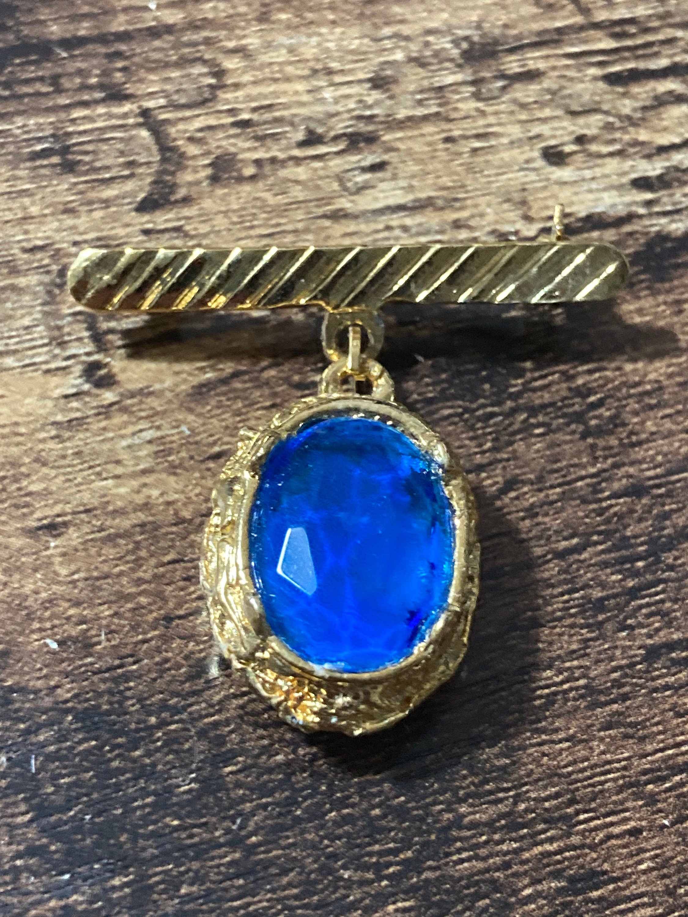 True vintage gold plated faux Sapphire blue Victorian style glass charm drop medal brooch old shop stock