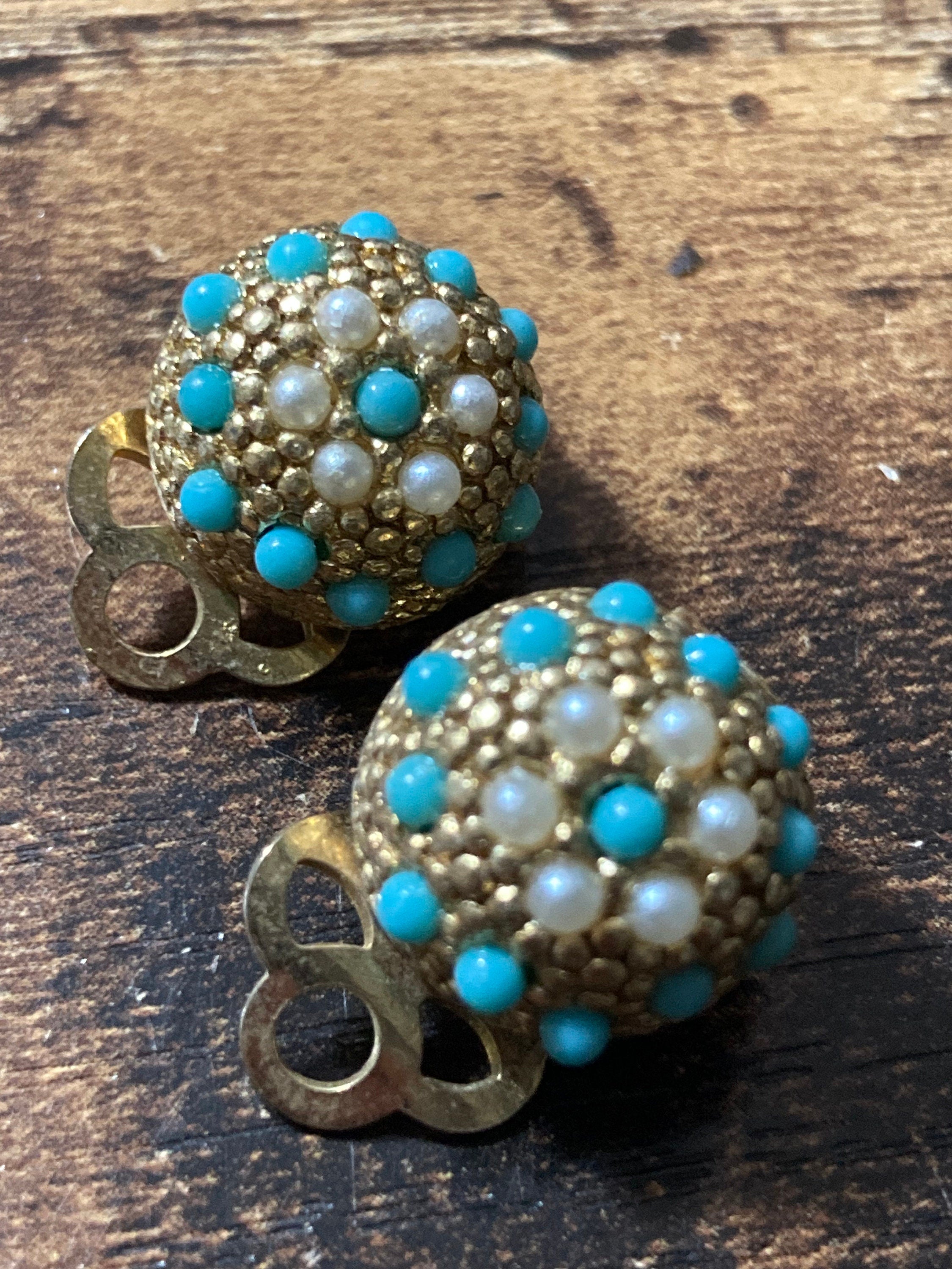 True Vintage 1960s gold tone Turquoise seed pearl domed clip on earrings old shop stock