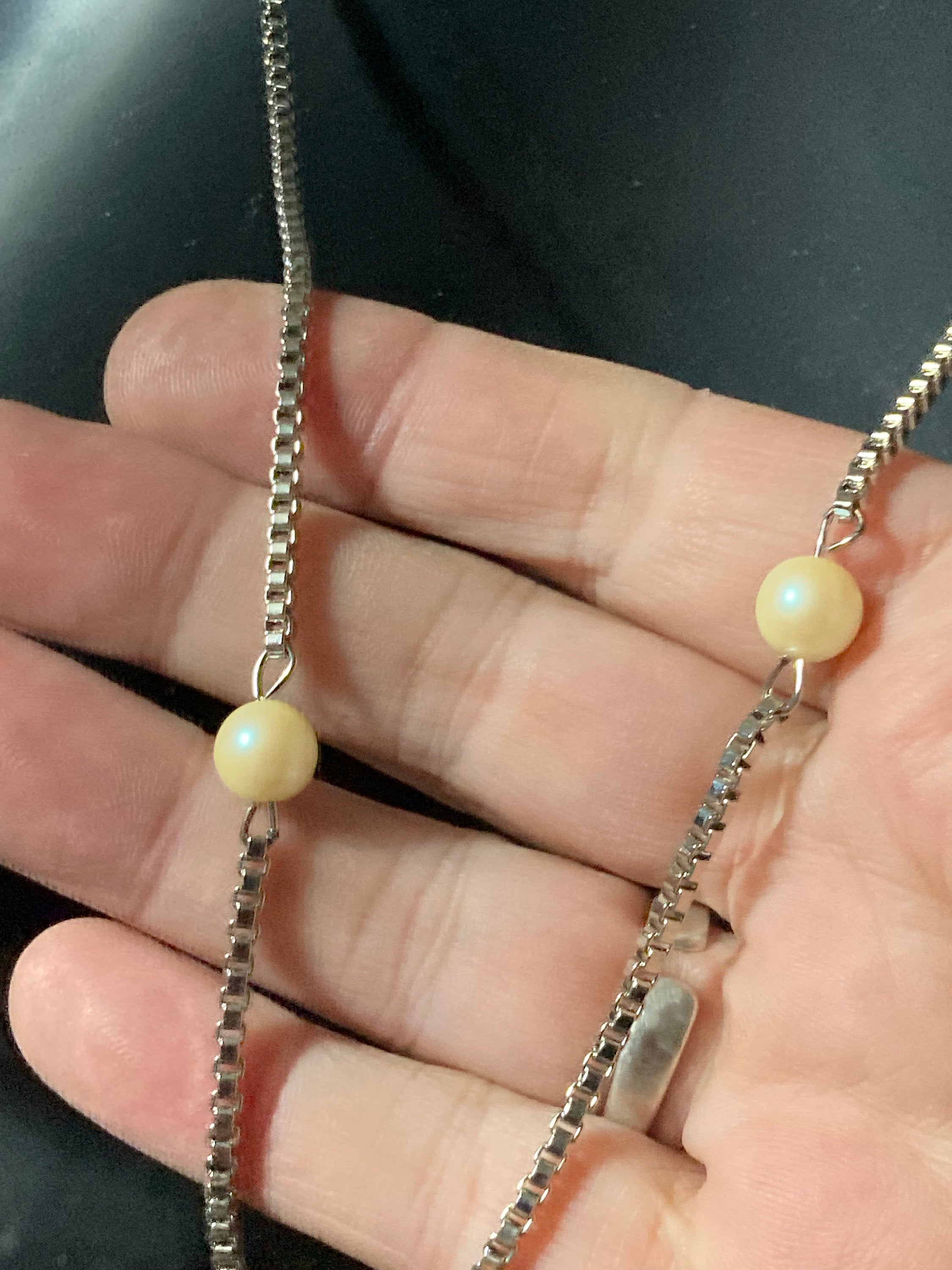 1970s Vintage Silver Plated Faux Pearl Station Necklace - 29”