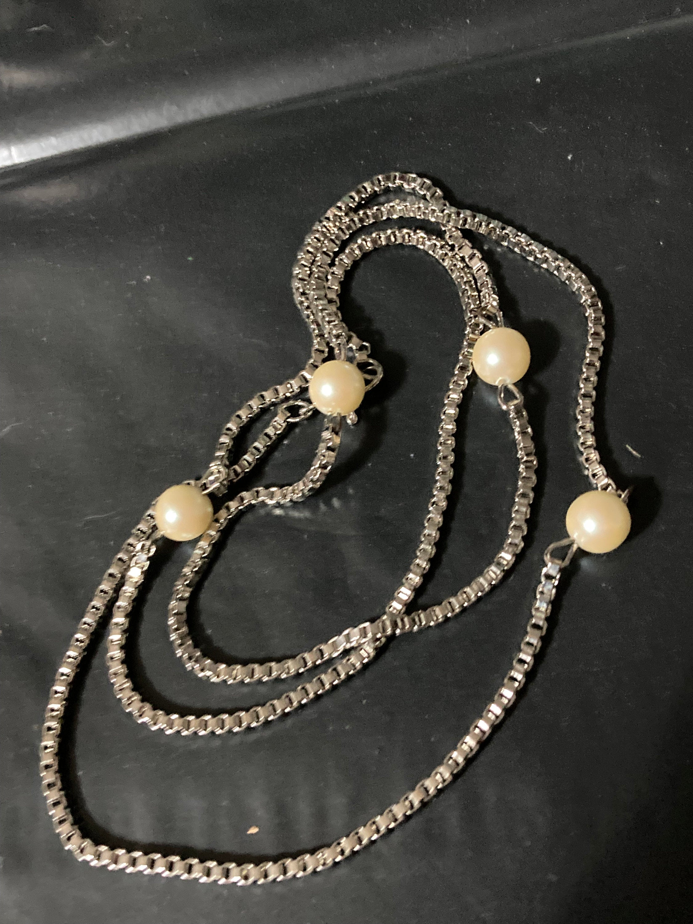 1970s Vintage Silver Plated Faux Pearl Station Necklace - 29”