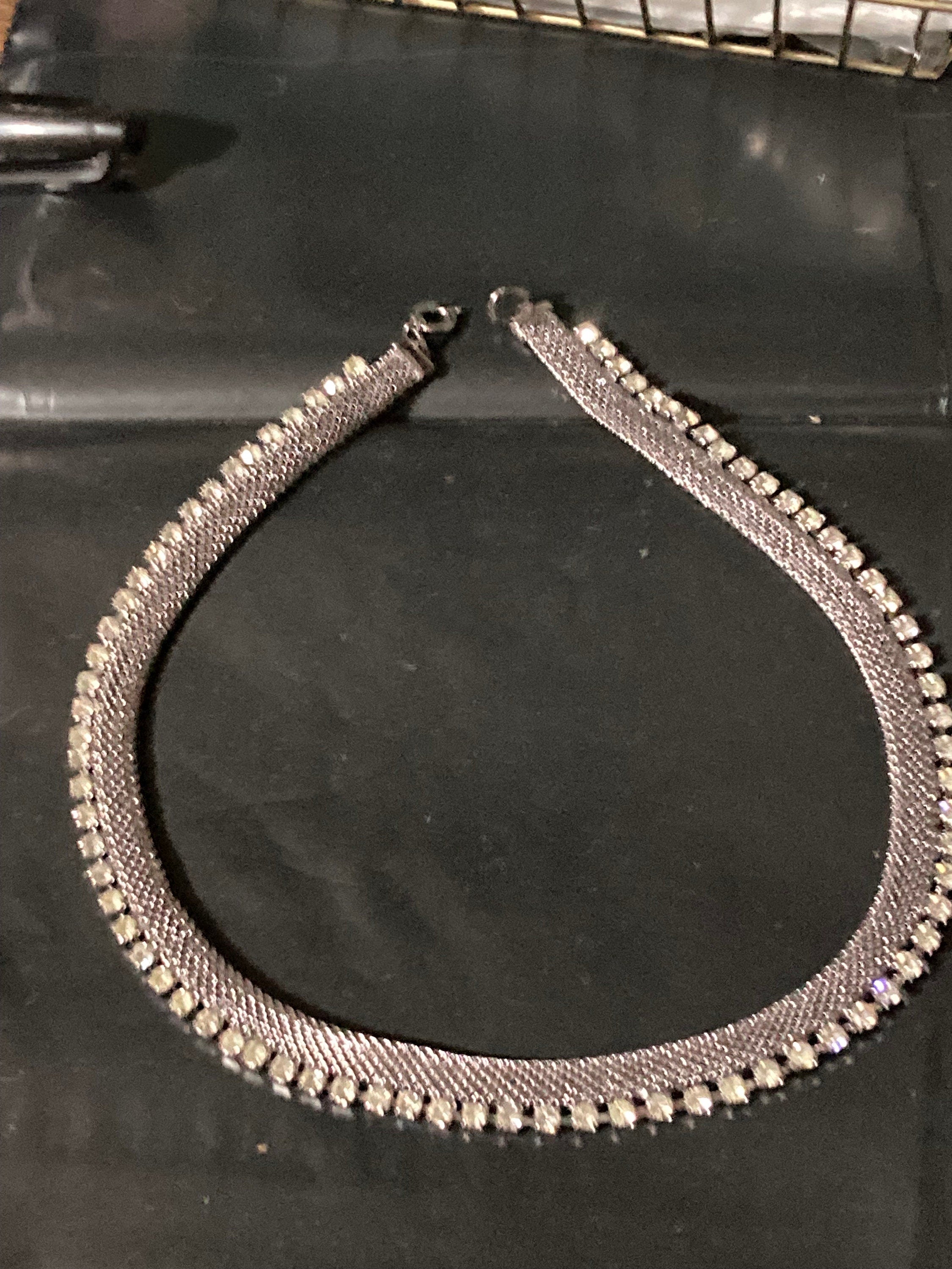 Vintage 1970s silver mesh clear rhinestone diamanté choker necklace old shop stock
