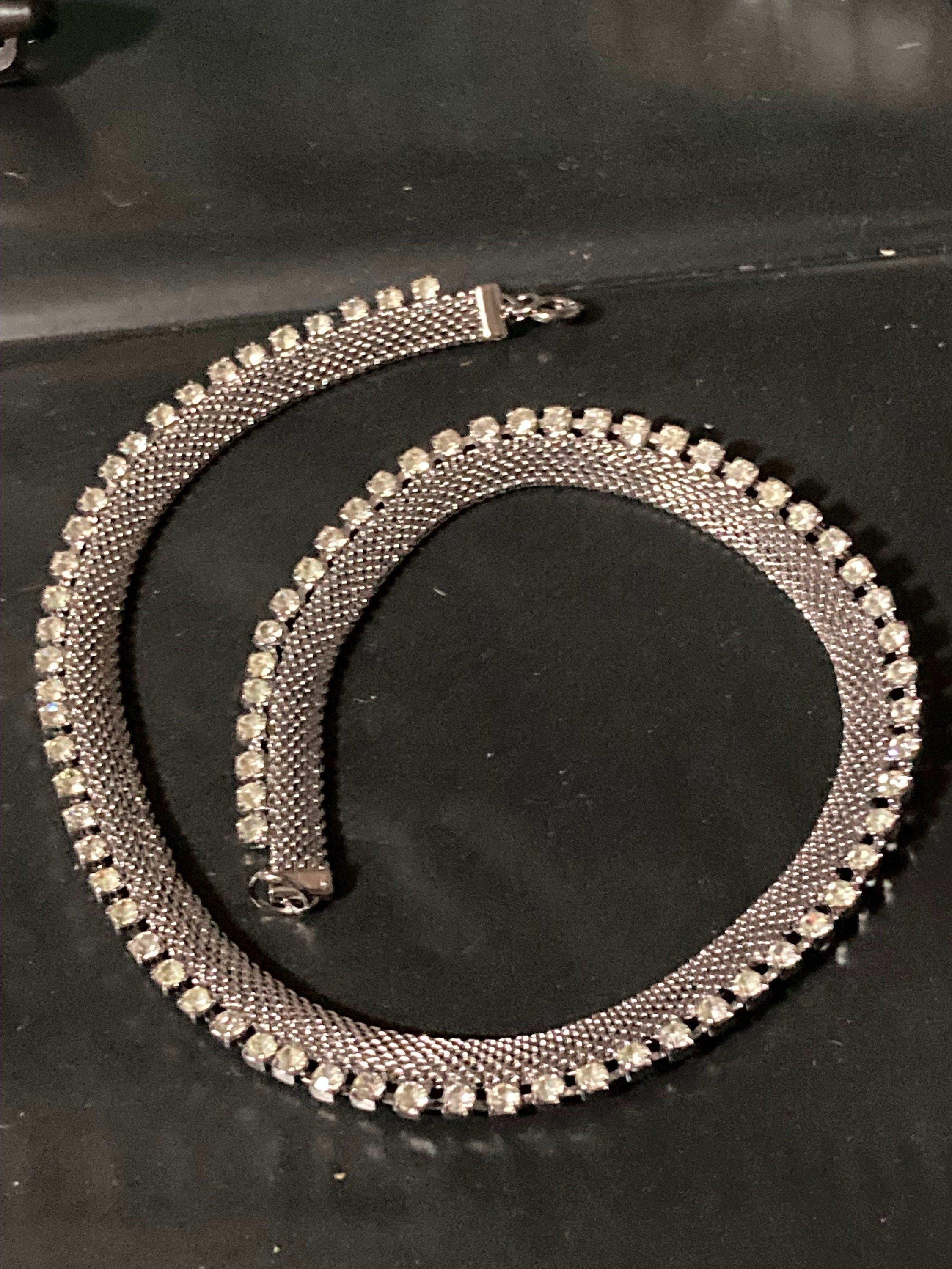 Vintage 1970s silver mesh clear rhinestone diamanté choker necklace old shop stock