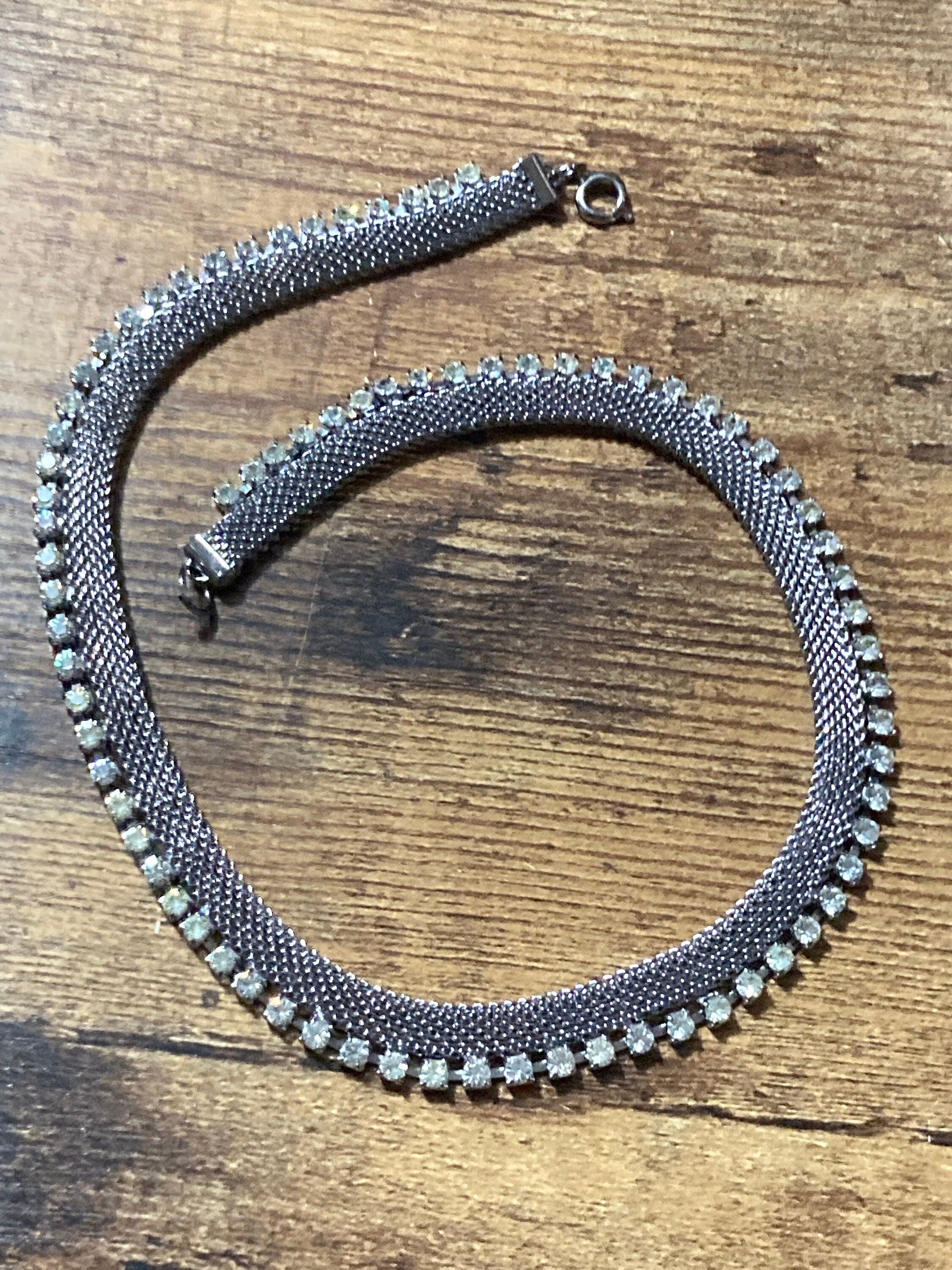 Vintage 1970s silver mesh clear rhinestone diamanté choker necklace old shop stock