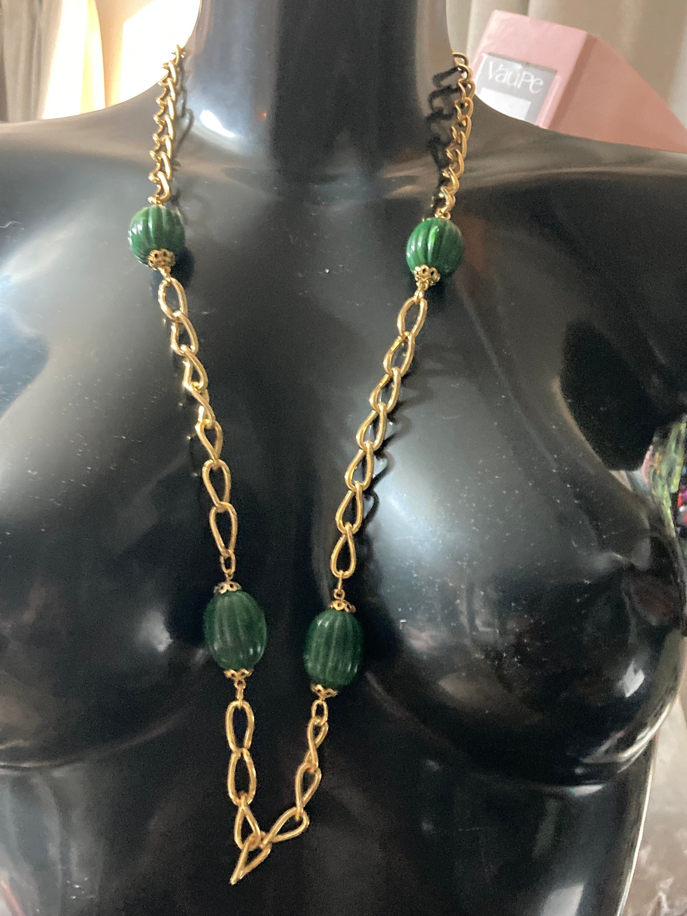 1980s Gold Plated Green Beaded Station Necklace - 23.5”