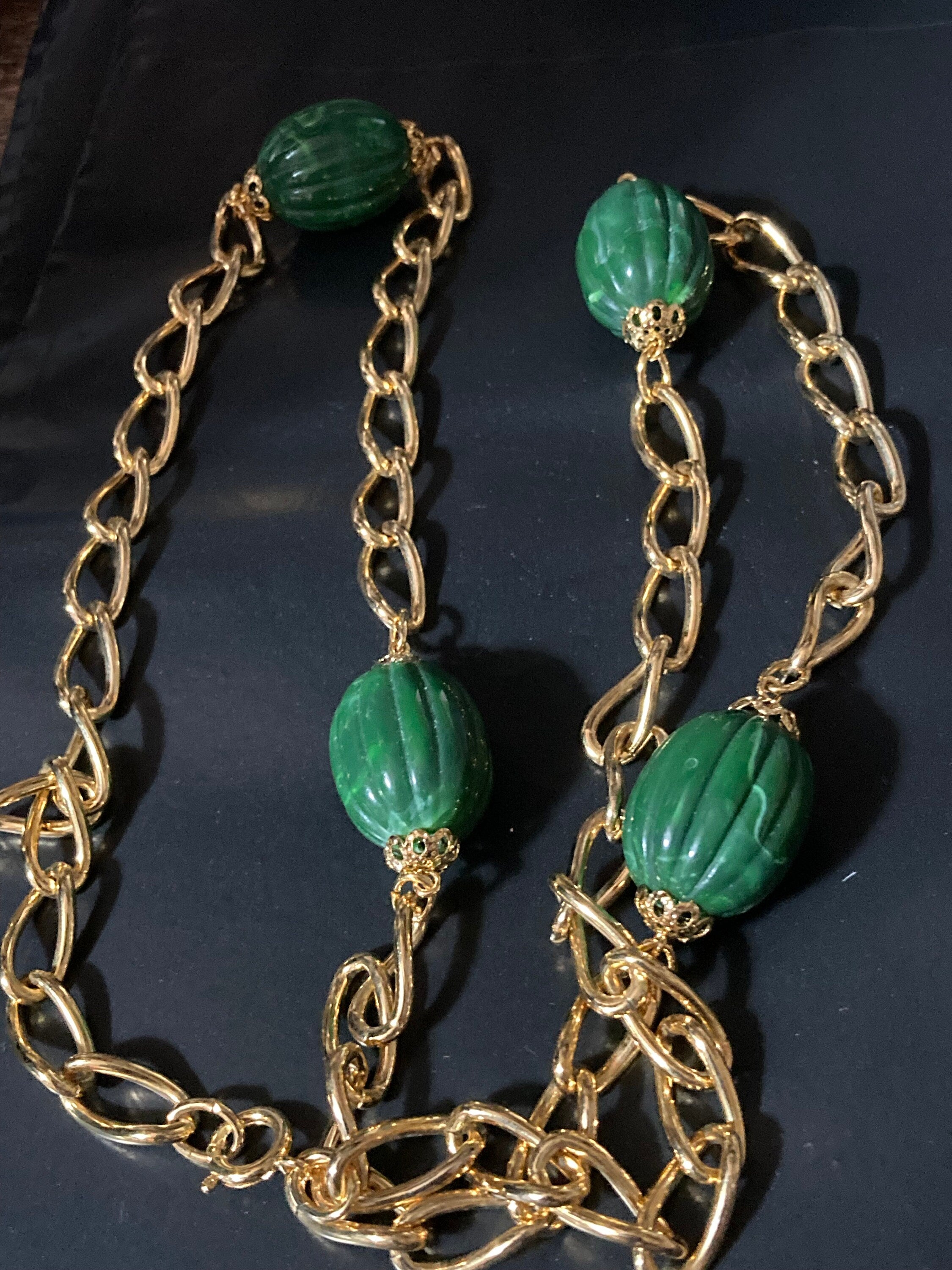 1980s Gold Plated Green Beaded Station Necklace - 23.5”